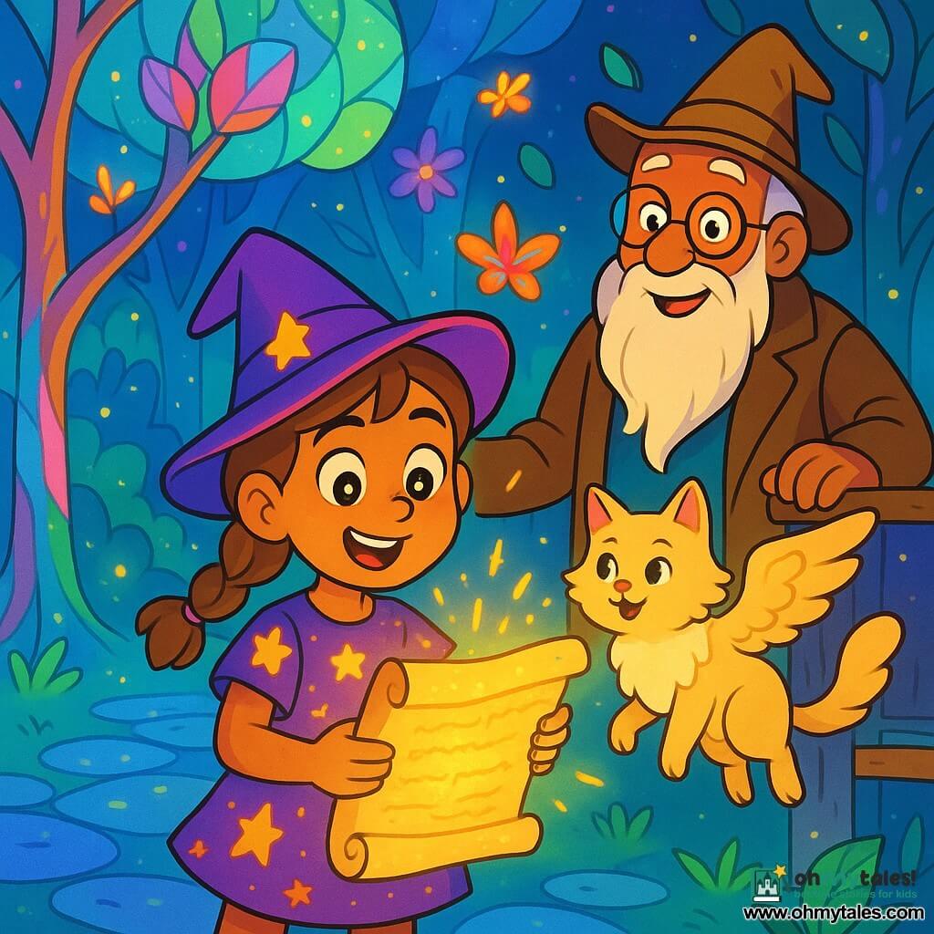 The scene shows apprentice witch Lily, radiant and wide-eyed with light-brown braided hair and a purple dress with golden stars, holding an old glowing parchment as she recites an ancient greeting; behind her stands Mr. Finch, a kindly 70-year-old wizard with a long white beard, round glasses and a worn brown coat, smiling proudly, while a fluffy cream-and-gold winged cat hovers nearby. They are in a hidden, colorful world of translucent trees with multicolored glass leaves, floating luminous flowers, shiny stone paths and golden fireflies; a warm, sparkling aura bursts from Lily and enlivens the friendly creatures, creating a joyful, magical atmosphere with vivid colors and soft contrasts.