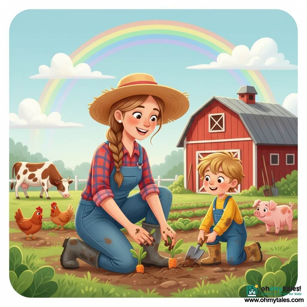 A smiling, kind female farmer with light-brown braided hair wearing a wide straw hat, a red-and-blue plaid shirt, denim overalls and muddy rubber boots kneels planting small carrot seedlings with fresh soil on her fingers; a 6–7-year-old blond boy with tousled hair and slightly dirty colorful clothes kneels to her right offering a toy shovel and helping fill a nearby hole while watching in wonder; a calm brown-and-white cow grazes at the left field edge, two red hens peck nearby and a curious pink pig sniffs at the right background; a bright vegetable field sits in front of a large red barn with a metal roof, rows of greens, tools leaning against the barn, a pale blue sky with a vivid rainbow and a few white clouds, wet brown soil and vivid green grass; scene after rain with warm sunlight, a caring bond between farmer and boy, saturated-but-soft colors and sharp textures, composition focused on the planting and expressive faces.
