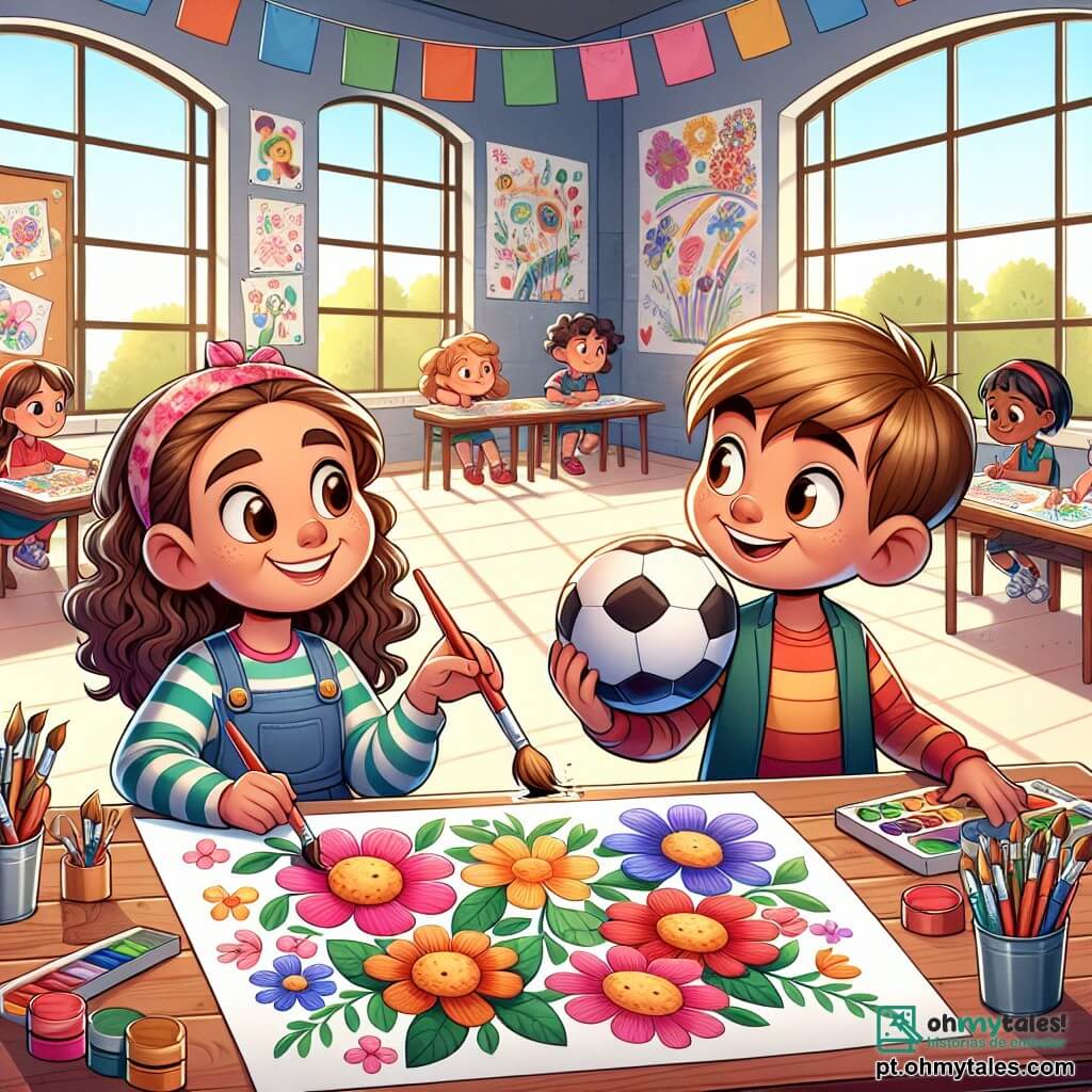 Em uma sala de aula iluminada, vemos **Ana**, uma menina de 8 anos com cabelos cacheados e um grande sorriso, sentada a uma mesa de madeira, segurando pincéis coloridos e pintando flores em uma grande folha de papel. Ao lado dela, **João**, um garoto de 9 anos com olhos curiosos e cabelos castanhos, está em pé, segurando uma bola de futebol em uma mão e um lápis na outra, pronto para desenhar um campo de jogo. A sala é decorada com desenhos coloridos pendurados nas paredes, com janelas que deixam entrar a luz do sol, e mesas de madeira onde outras crianças, meninos e meninas, trabalham juntas em projetos artísticos. A situação principal mostra Ana e João colaborando alegremente em um grande mural, simbolizando a igualdade de gêneros, com elementos de futebol e motivos florais se misturando harmoniosamente, representando a união e o respeito entre meninos e meninas.