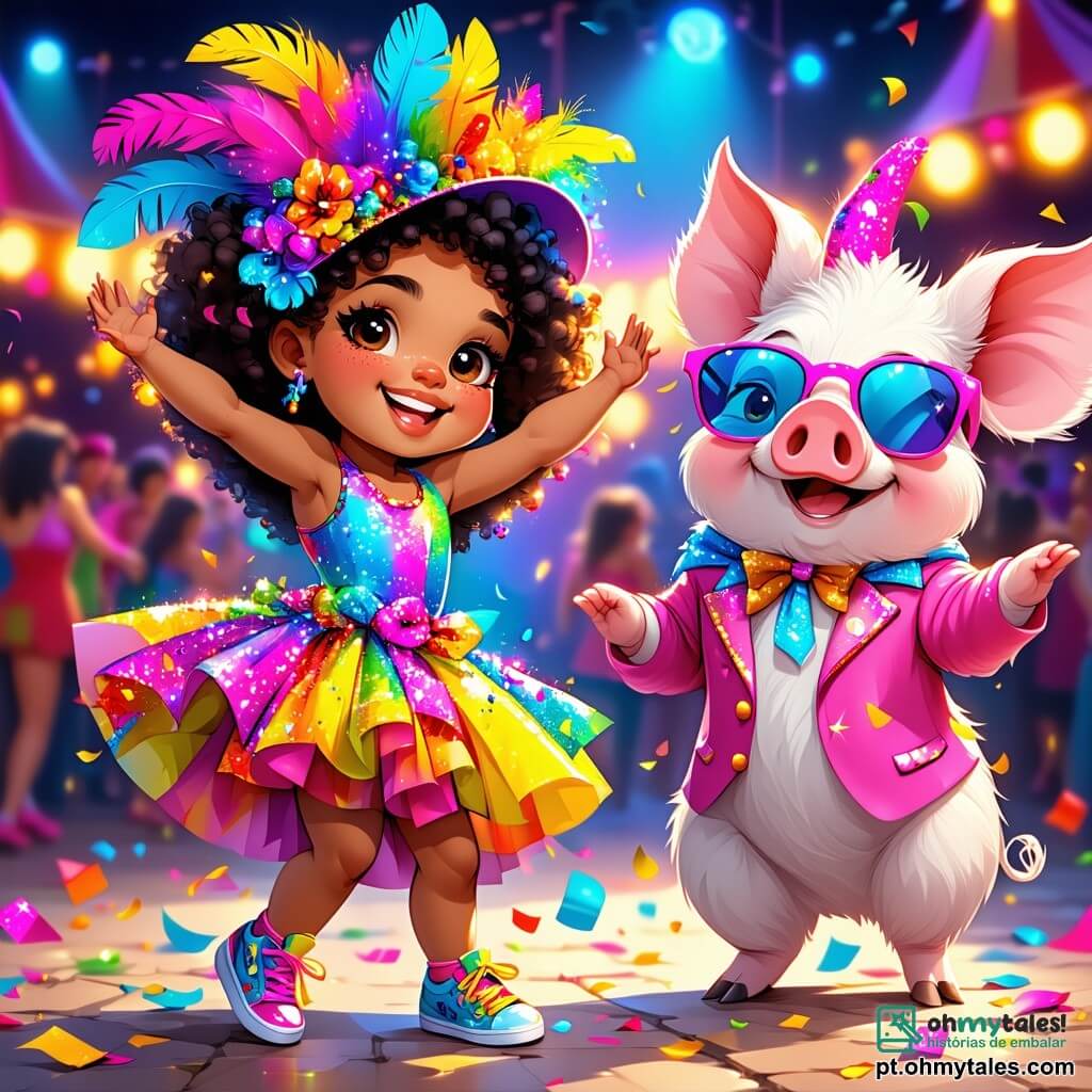 Uma menina de 6 anos, Lila, com grandes olhos brilhantes e cabelos cacheados, veste uma linda fantasia de carnaval colorida, cheia de brilhos e penas. Ela sorri entusiasmada, com os braços levantados, dançando ao som da música alegre. Ao lado dela, um porquinho travesso em fantasia de carnaval, com um nariz rosa e óculos de sol, faz piruetas, adicionando um toque humorístico à cena. Mais adiante, uma fada cintilante, com asas em arco-íris, voa ao redor deles lançando brilhos, criando uma atmosfera mágica. O local é uma rua movimentada, decorada com guirlandas coloridas, balões flutuantes e confetes que caem do céu. As pessoas dançam alegremente, e carros alegóricos decorados passam, cheios de personagens fantásticos. A cena principal mostra Lila, cheia de alegria, dançando com seus novos amigos, o porquinho e a fada, no coração de uma festa de carnaval vibrante, onde a música e as risadas ecoam ao redor.