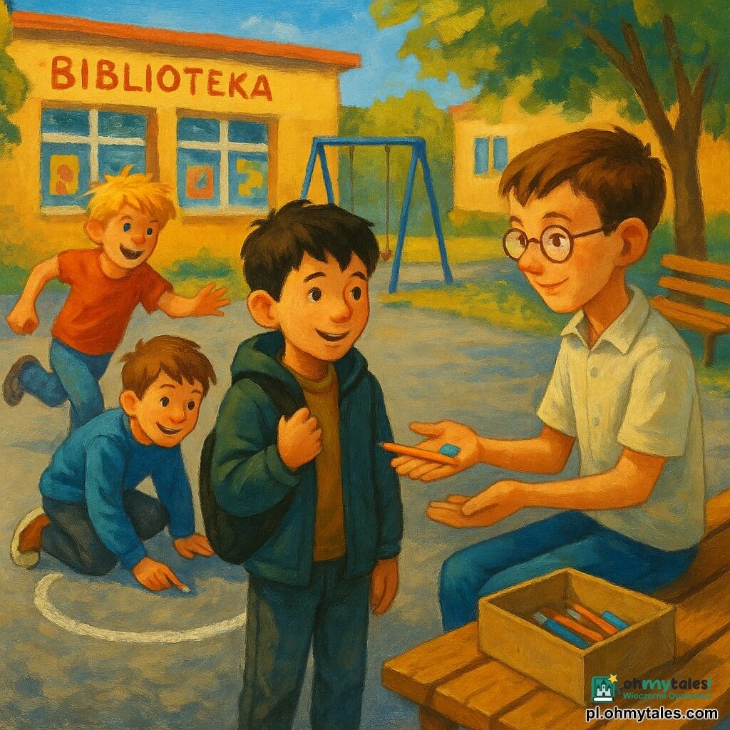 Czterech chłopców: Kuba (ok. 10 lat) – krótkie brązowe włosy, cienkie okulary, jasna koszula, plecak obok ławki, siedzi po prawej i podał gumkę i ołówek w dłoni nowemu; Olek (ok. 10 lat) – blond, potargane włosy, czerwony T‑shirt, biegnie po lewej i wyciąga rękę jak w zabawie „berek”; Mikołaj (ok. 10 lat) – kasztanowe włosy, niebieska bluza, kuca przy białej linii kredy i rysuje „bazę”; Timur (nowy, ok. 10 lat) – czarne włosy, za duża kurtka, trzyma blisko siebie plecak, stoi pośrodku, niepewnie uśmiecha się przyjmując przedmiot od Kuby i patrzy na boisko. Miejsce: słoneczne podwórko szkolne z asfaltem, dużą białą linią kredy wyznaczającą „bazę”, huśtawką, rzędami drewnianych ławek po prawej i małą biblioteką szkolną w tle z kolorowymi plakatami; na stoliku obok ławki otwarte pudełko z kredkami i gumkami. Sytuacja: serdeczne, dynamiczne przyjęcie nowego ucznia, ruch, zapraszające gesty, uśmiechy, żywe kolory i widoczna pyląca kreda na asfalcie.