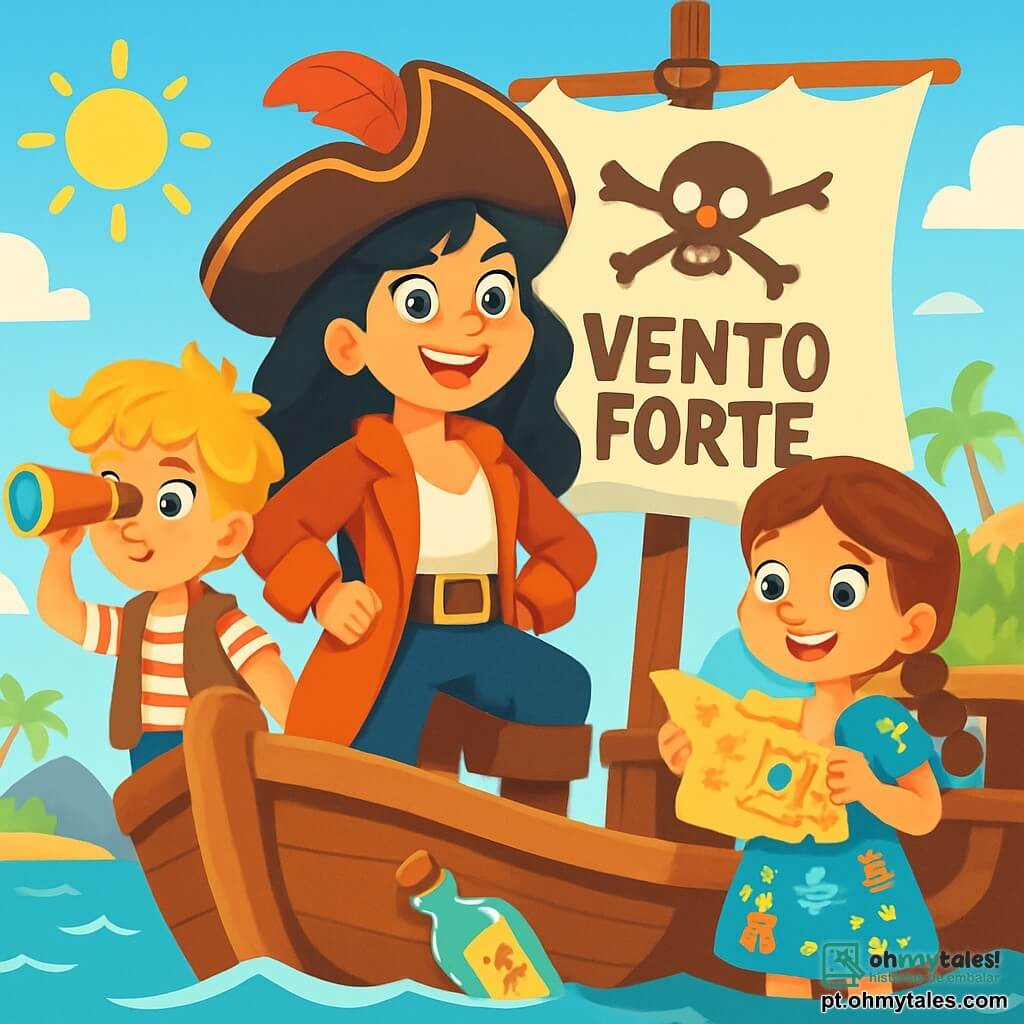A Capitã Clara, uma corajosa mulher pirata de cerca de 30 anos, se destaca orgulhosamente no convés de seu navio, o "Vento Forte". Ela tem cabelos longos e ondulados, de um negro profundo, e usa um chapéu de pirata com uma pena vermelha. Seu rosto expressa excitação e determinação, com olhos brilhantes e um largo sorriso. Ao seu lado, João, um menino de 10 anos com cabelos loiros bagunçados, observa o horizonte com um telescópio. Ele veste uma camisa listrada e um colete de couro, exibindo uma expressão de admiração. Lúcia, uma menina de 9 anos, está na parte de trás do navio, segurando um mapa do tesouro, com os olhos brilhando de curiosidade. Ela tem cabelos castanhos trançados e usa um vestido colorido com padrões de piratas. O navio navega em um mar calmo, sob um céu azul radiante, com ondas suaves que brilham ao sol. Ao fundo, uma ilha misteriosa aparece, com palmeiras verdes e montanhas íngremes. A cena principal mostra Clara e sua tripulação descobrindo um antigo tesouro escondido em uma garrafa flutuante, cercados por uma atmosfera de aventura e camaradagem, prontos para enfrentar novos desafios juntos.