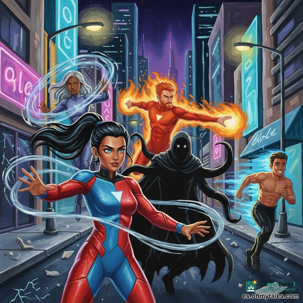Una heroína de ~25 años con rostro decidido, ojos azul profundo, larga coleta negra y traje futurista que cambia de azul a rojo canaliza cintas de energía cósmica plateada entre las manos en primer plano; Blaze (~30) con cabello rojo y barba corta rodeado de llamas orange lanza una bola de fuego hacia la derecha justo detrás; Luna (~28) de cabello plateado flota a la izquierda formando anillos gravitacionales translucidos; Bolt (~18) de aspecto atlético corre a gran velocidad dejando estelas luminosas azules al fondo a la derecha; el villano El Sombra, envuelto en un manto negro que absorbe la luz con ojos como pequeñas estrellas blancas y tentáculos de sombra, está en el centro parcialmente atrapado por los anillos de Luna; escenario: calle nocturna del sector norte con rascacielos neón violeta y cian, farolas parpadeantes, escaparates agrietados y escombros leves; escena colectiva de combate, dinámica y colorida, luz cósmica y fuego rompen la oscuridad mientras los anillos retienen la silueta negra, atmósfera heroica y optimista, texturas acrílicas visibles.