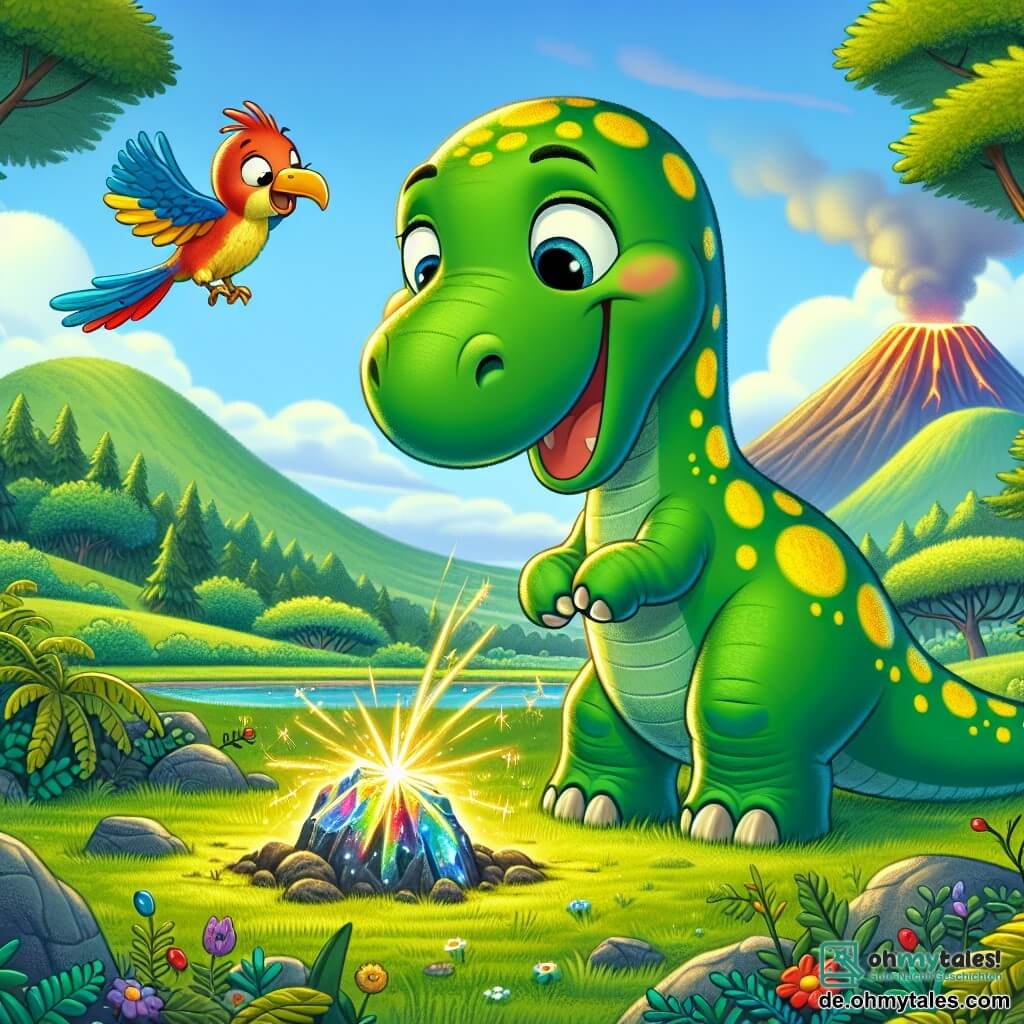 Ein großer Diplodocus namens Dippy, mit grüner Haut und gelben Flecken, steht fröhlich im Mittelpunkt des Bildes, die Augen vor Aufregung leuchtend, während er mit seinen Füßen den Boden kratzt, um ein geheimnisvolles, glänzendes Objekt zu entdecken. In der Nähe beobachtet ein kleiner, bunter Vogel mit roten und blauen Federn Dippy neugierig, während er auf einem Stein sitzt. Der Hintergrund zeigt eine grüne Landschaft mit sanften Hügeln, üppigen Bäumen und einem majestätischen Vulkan, der in der Ferne leicht raucht. Die Szene zeigt Dippy, der einen wunderschönen, schimmernden "magischen" Stein entdeckt, der leuchtende Farben ausstrahlt und das erstaunte Gesicht des Diplodocus erhellt.