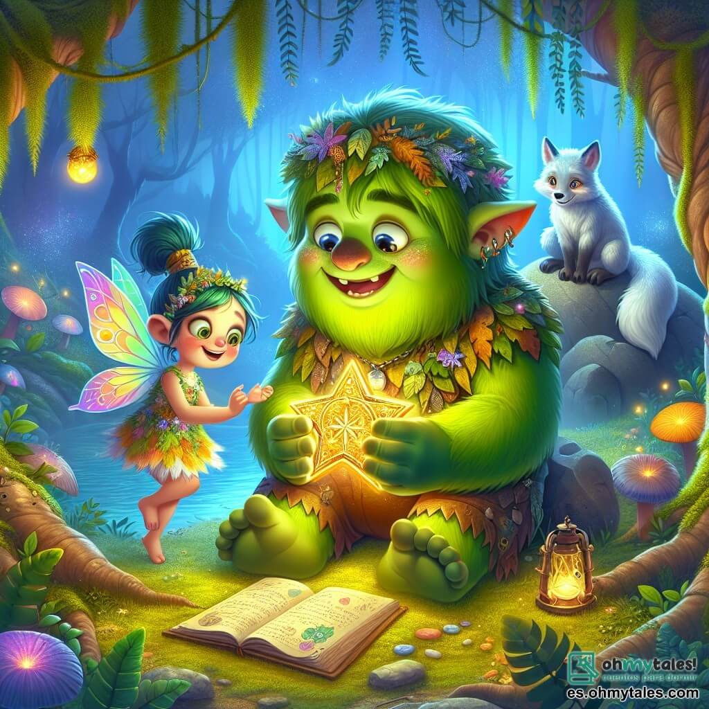 Un ogro de rostro dulce y sonriente, con piel verde brillante y grandes ojos llenos de curiosidad, se encuentra en el centro de la imagen. Lleva ropa hecha de hojas y musgo, y sostiene un amuleto en forma de estrella que brilla con una luz cálida. El ogro expresa alegría y asombro. A su lado, una pequeña hada llamada Lila, con alas de mariposa brillantes y un vestido colorido, danza en el aire. Tiene un rostro travieso y ojos chispeantes, sonriendo al ogro. En el fondo, un zorro plateado los observa con mirada sabia, sentado sobre una piedra, con ojos brillantes de inteligencia. El lugar es un claro mágico en el corazón de un pantano misterioso, rodeado de árboles de troncos retorcidos y flores luminosas que iluminan la escena. Una ligera bruma flota a su alrededor, creando una atmósfera encantada. La situación principal muestra al ogro y al hada descubriendo juntos el antiguo amuleto, que emite una luz brillante, revelando la belleza oculta del pantano y simbolizando su nueva amistad.