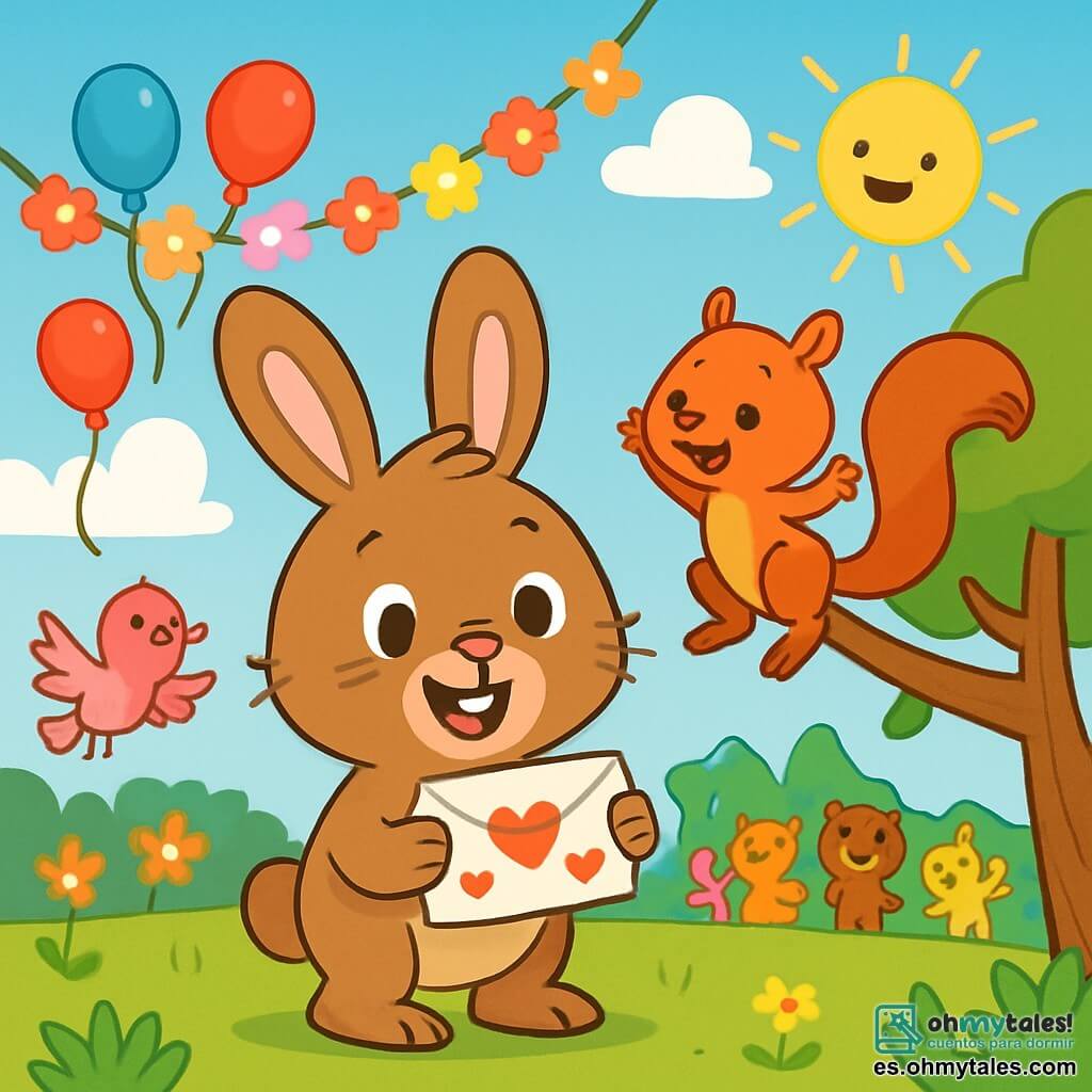 Un pequeño conejo llamado Pepe, con grandes orejas y un pelaje suave y marrón, está en el centro de la imagen, mostrando una sonrisa alegre y ojos brillantes de emoción. Sostiene una carta decorada con corazones en sus patas delanteras, de pie sobre sus patas traseras en un campo verde.

A su lado, una pequeña ardilla llamada Lola, con pelaje rojizo y una cola esponjosa, salta de alegría, sus ojos brillando de curiosidad. Está posada en una rama de árbol, mirando a Pepe con entusiasmo.

En el fondo, el Gran Claro del Bosque de los Corazones está lleno de globos de colores, guirnaldas de flores y animales alegres celebrando la fiesta de San Valentín. El cielo es azul y soleado, con nubes blancas esponjosas.

La situación principal muestra a Pepe descubriendo su carta misteriosa, rodeado de sus amigos, todos ansiosos por descubrir quién es su admirador secreto, creando una atmósfera de alegría y amistad.