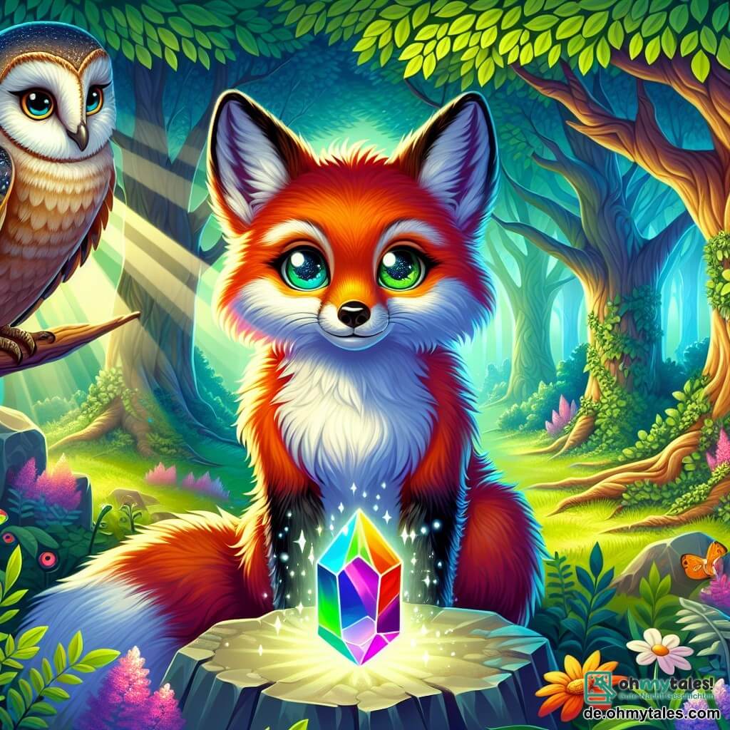 Ein junger Fuchs mit funkelnden Augen und leuchtend rotem Fell steht im Mittelpunkt der Szene und zeigt einen Ausdruck von Entschlossenheit und Staunen. Er schaut auf einen wunderschönen, bunten Kristall, der intensiv strahlt und sein Gesicht mit Regenbogenreflexen erleuchtet. An seiner rechten Seite sitzt eine große, weise Eule mit silbernen Federn auf einem Ast. Ihre runden, durchdringenden Augen drücken Weisheit und Güte aus, während sie den Fuchs mit einem leichten Lächeln beobachtet, als wäre sie stolz auf ihn. Die Szenerie ist eine verzauberte Lichtung im Herzen eines dichten Waldes, wo große Bäume mit knorrigen Stämmen in den Himmel ragen und ihre Blätter ein grünes Dach bilden. Bunte Blumen sprenkeln den Boden, und ein sanfter Lichtstrahl filtert durch die Äste und schafft eine magische Atmosphäre. Die Hauptsituation zeigt den Fuchs, der den magischen Kristall im Zentrum eines alten Steinkreises entdeckt, was seinen Mut und seine Abenteuerlust symbolisiert, während die Eule über ihn wacht, bereit, ihm weise Ratschläge zu geben.