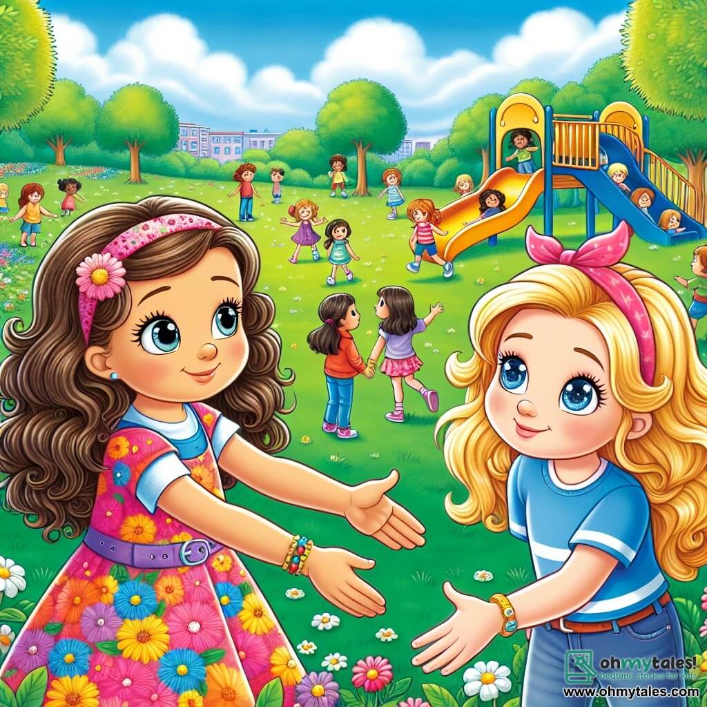 In a sunny park, a 6-year-old girl named Lily, with curly blonde hair, wears a colorful flower dress and displays a big joyful smile. She is reaching out to a new friend, Mia, with an encouraging and kind expression. Mia, a 6-year-old girl with long brown hair and sparkling eyes, wears a blue t-shirt and jeans. She stands a bit back, but her face shows a glimmer of hope as she looks at Lily, ready to join the group. The park is filled with lush trees, bright flowers, and a large colorful slide, where other children are playing happily. The sky is blue with a few white clouds, and the atmosphere is full of laughter and camaraderie. The main situation shows Lily encouraging Mia to join them to play together, illustrating the theme of tolerance and friendship among children from different cultures.