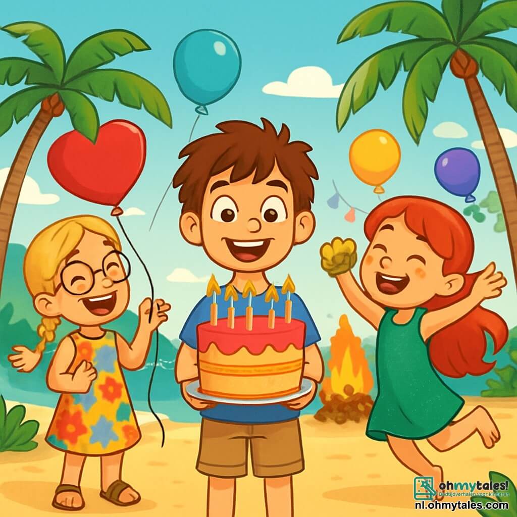 Er zijn 3 personages: - Floris: een 12-jarig jongen met rommelig bruin haar en sprankelende nieuwsgierige ogen. Hij draagt een blauwe t-shirt en een beige short. Hij staat in het midden, glimlachend, met een groot stuk verjaardagstaart in zijn handen. - Lotte: een 12-jarig meisje met gevlochten blond haar en ronde bril. Ze draagt een kleurrijke bloemenjurk en sandalen. Ze staat links van Floris, lachend en met een hartvormige ballon. - Nami: een 12-jarig meisje met felrood haar en een glinsterende groene jurk. Ze heeft blote voeten en schelpenoren, als een kleine zeemeermin. Ze staat rechts van Floris, springend van blijdschap, met een gouden schelp in haar hand. De locatie is een tropisch strand met fijn, goudkleurig zand, palmbomen die zachtjes in de wind wiegen, en een turquoise zee die schittert onder de zon. Op de achtergrond is er een groot kampvuur omringd door kleurrijke lichten en slingers, wat een feestelijke sfeer creëert. De hoofdscène toont Floris, Lotte en Nami die Floris' verjaardag vieren, omringd door kleurrijke ballonnen en gelach, met een grote verjaardagstaart versierd met glinsterende kaarsen in het midden van de afbeelding. De kinderen zijn blij, klaar om een wens te doen voordat ze de kaarsen uitblazen.