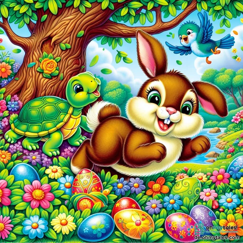 Hopsi, ein kleiner Hase mit großen Ohren und weichem, braunem Fell, springt fröhlich in einem bunten Garten, umgeben von leuchtenden Blumen und großen grünen Bäumen. Neben ihm lächelt eine kleine Schildkröte mit einem grünen Panzer und funkelnden Augen, während ein blauer Vogel mit glänzenden Federn über ihnen fliegt und fröhlich singt. Der Garten ist voller bunten Blumen, dichten Büschen und einem großen Baum mit einem knorrigen Stamm, unter dem ein Haufen glänzender, bunter Ostereier liegt. In dieser Szene entdecken Hopsi und seine Freunde mit Staunen die versteckten Eier, lachen und spielen zusammen im Geiste des Osterfestes.