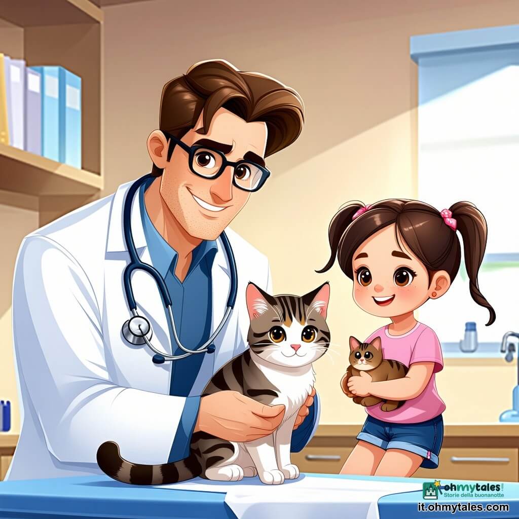Un veterinario uomo, di circa trent'anni, con capelli castani disordinati e occhiali rotondi, mostra un sorriso caloroso e concentrato. Indossa un camice bianco, leggermente macchiato, e tiene uno stetoscopio in mano, chinato verso una piccola gattina tigrata sul tavolo dell'esame. Accanto a lui, una bambina di sette anni, con capelli biondi intrecciati e occhi brillanti, osserva con curiosità. Indossa una maglietta rosa e un pantaloncino di jeans, tenendo un peluche di gatto tra le braccia, pronta a incoraggiare Mirtilla. La scena si svolge in una clinica veterinaria luminosa, con pareti dipinte di verde pastello, poster di animali appesi e una grande finestra che lascia entrare la luce del sole, illuminando l'angolo con i giocattoli per animali. Il veterinario esamina attentamente la gattina, che fa le fusa dolcemente, mentre la bambina sorride, affascinata dalle cure riservate alla sua amica a quattro zampe.