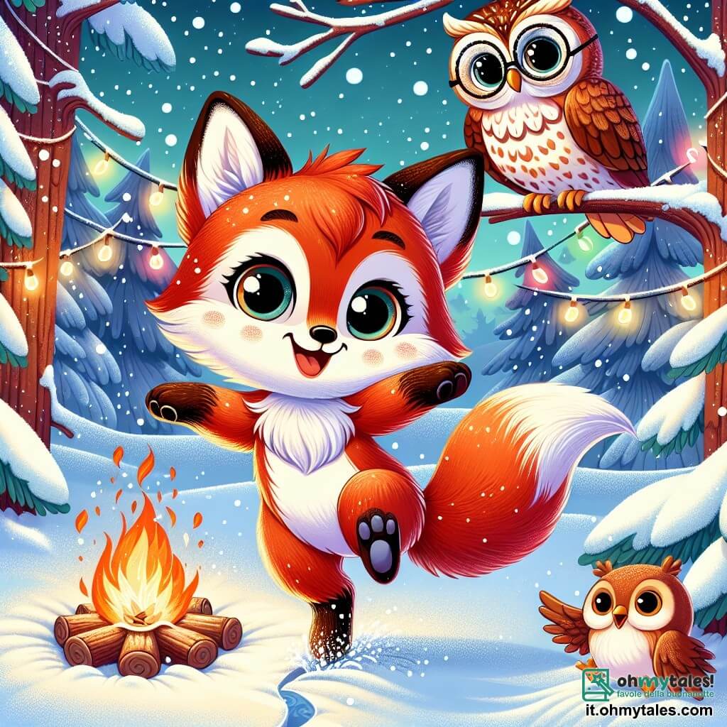 Una piccola volpe dai brillanti peli rossi, con grandi occhi lucenti di curiosità e un sorriso gioioso, danza nella neve fresca, mentre le sue zampe si affondano leggermente nel manto bianco. Vicino a lei, un saggio gufo dalle piume marroni e bianche, con occhiali tondi sul naso, osserva la scena con uno sguardo benevolo e un leggero sorriso sul becco, posato su un ramo d'albero innevato. Il paesaggio è una foresta incantata, con alberi coperti di neve scintillante e ghirlande di luci colorate che illuminano l'ambiente, creando un'atmosfera magica. La scena principale mostra la volpe che danza gioiosamente attorno a un falò, circondata da altri animali che la incoraggiano, celebrando insieme la bellezza dell'inverno e l'amicizia.