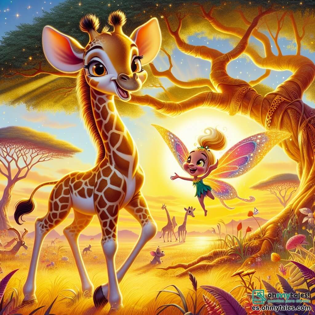 Una jirafa llamada Gigi, con un largo cuello elegante y manchas doradas en su pelaje, se encuentra alegremente bajo un majestuoso árbol de hojas doradas, su mirada llena de emoción y curiosidad. A su lado, un pequeño duende llamado Tico, con alas de mariposa coloridas y una sonrisa radiante, vuela a su alrededor gesticulando con entusiasmo. El escenario es una vibrante sabana africana, bañada por la luz dorada del sol poniente, con hierbas altas y siluetas de animales al fondo. Gigi y Tico se preparan para hacer un deseo en el gran árbol de los deseos, rodeados de una atmósfera mágica y alegre, llena de risas y amistad.