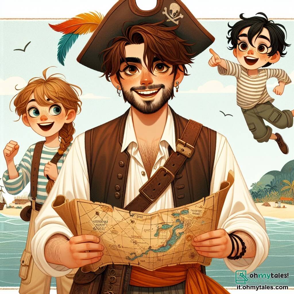 Al centro dell'immagine, Marco, un uomo di circa trent'anni con capelli castani disordinati e una leggera barba, si tiene fiero e determinato, con lo sguardo brillate di eccitazione. Indossa un cappello da pirata decorato con una piuma colorata, una camicia bianca con le maniche arrotolate e un gilet di pelle. Nella sua mano tiene una vecchia mappa del tesoro, mentre indica un'isola misteriosa all'orizzonte, il suo viso illuminato da un grande sorriso. Alla sua destra, Timmy, un ragazzo di 12 anni con capelli biondi e lentiggini, salta di gioia con le braccia alzate. Indossa pantaloni di tela e una camicia a righe, e il suo viso esprime una gioia contagiosa, pronto per l'avventura. A sinistra, Isabella, una giovane donna di circa 25 anni con lunghi capelli neri intrecciati, osserva attentamente la mappa. Indossa un abito da marinaio e una sciarpa colorata intorno al collo, la sua espressione è concentrata e riflessiva, pronta a guidare i suoi amici attraverso i misteri dell'isola. Lo scenario si svolge sul ponte de La Nave dei Sogni, una magnifica imbarcazione con vele blu e verdi, che oscilla dolcemente sulle onde scintillanti di un oceano turchese. Sullo sfondo si vede un'isola verdeggiante, bordata di palme e fiori colorati, sotto un cielo blu punteggiato di nuvole bianche. La scena principale mostra Marco e il suo equipaggio, pronti a partire alla ricerca di un tesoro nascosto sull'isola delle meraviglie, pieni di eccitazione e attesa per l'avventura che li attende.