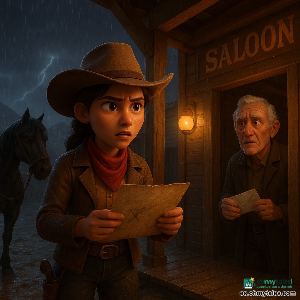 Amalia, vaquera, rostro decidido y algo preocupado, sostiene un trozo de cuero con un viejo plano; lleva sombrero polvoriento, chaqueta de cuero marrón, pañuelo rojo y botas embarradas, de pie bajo el porche del salón. Don Silas, hombre de unos 70 años, rostro arrugado y pelo gris, sostiene un sobre húmedo y la mira desde la entrada del salón a su derecha. La yegua Mora, hembra de crin negra empapada, atada al poste del porche junto a Amalia, resopla con los ollares humeantes. Un hombre misterioso de 35–40 años, silueta oscura con gabán largo, está a la sombra junto a la fragua al fondo a la izquierda, medio oculto por la lluvia. La escena ocurre en la calle principal de un pequeño pueblo western: porche de madera mojada, tablas empapadas, lámparas de aceite amarillas con luz cálida, charcos de barro, letrero del salón que cruje, montañas áridas a lo lejos y cielo tormentoso con relámpagos. Noche de lluvia; Amalia descubre un plan secreto que promete agua al Cañón Susurrante; ambiente tenso y urgente, luz contrastada entre el resplandor cálido del salón y los relámpagos fríos, gotas visibles, barro y huellas de botas en el suelo.