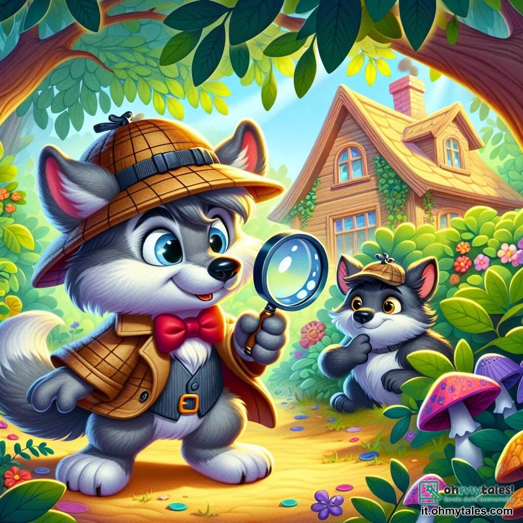 Un piccolo lupo detective di nome Lino, con un grande cappello da detective e una lente brillante, guarda con curiosità e determinazione. Il suo pelo è morbido e grigio, e i suoi occhi brillano di intelligenza. Si trova davanti a una grande casa di legno, nascosta tra alberi verdi e frondosi. Accanto a lui, un grande lupo dal pelo grigio scuro, con uno sguardo timido e un leggero sorriso, osserva Lino con ammirazione. Sembra un po' titubante ma felice di essere lì. La scena si svolge in una foresta incantata, dove i raggi del sole filtrano tra le foglie, creando ombre danzanti sul terreno. Fiori colorati e funghi dalle forme divertenti punteggiano il suolo della foresta. Lino e il grande lupo discutono insieme, Lino tiene la sua lente come se stesse cercando indizi, mentre il grande lupo sembra pronto a fare un passo verso una nuova amicizia.