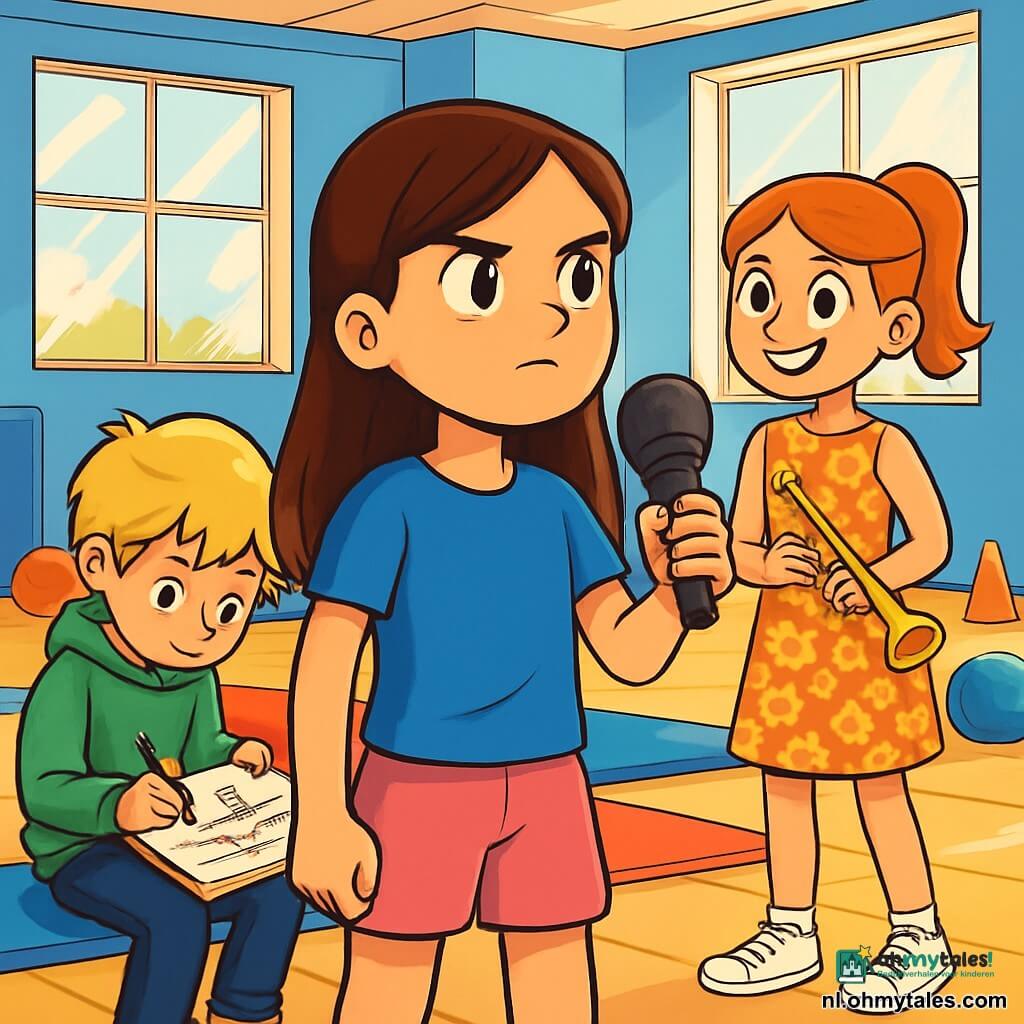 Er zijn 3 personages: - Noor: een 10-jarig meisje met lang bruin haar, gekleed in een blauwe t-shirt en een roze short. Ze houdt een microfoon in één hand en kijkt vastberaden om zich heen. - Bram: een 10-jarige jongen met rommelig blond haar, gekleed in een groene hoodie en zwarte broek. Hij leunt over zijn schetsboek en tekent een scène in de gym. - Tess: een 11-jarig meisje met rood haar in een paardenstaart, gekleed in een bloemenjurk en witte sneakers. Ze staat naast Noor, glimlachend, met een kleine trompet in haar handen. De hoofdlocatie is een lichte gymzaal met grote ramen, lichtblauwe muren en een glanzende houten vloer. Kleurrijke gymmatten liggen op de vloer en sportuitrusting zoals ballen en kegels liggen verspreid. Zonnestralen filteren door de ramen en creëren heldere patronen op de vloer. De hoofdactie toont Noor, Bram en Tess die een verloren microfoon proberen te vinden. Noor staat in het midden, vastberaden, terwijl Bram aanwijzingen op zijn schetsboek tekent en Tess om zich heen kijkt, klaar om te helpen. De sfeer is vol opwinding en mysterie, met lichtflitsen die over de gezichten van de kinderen dansen.