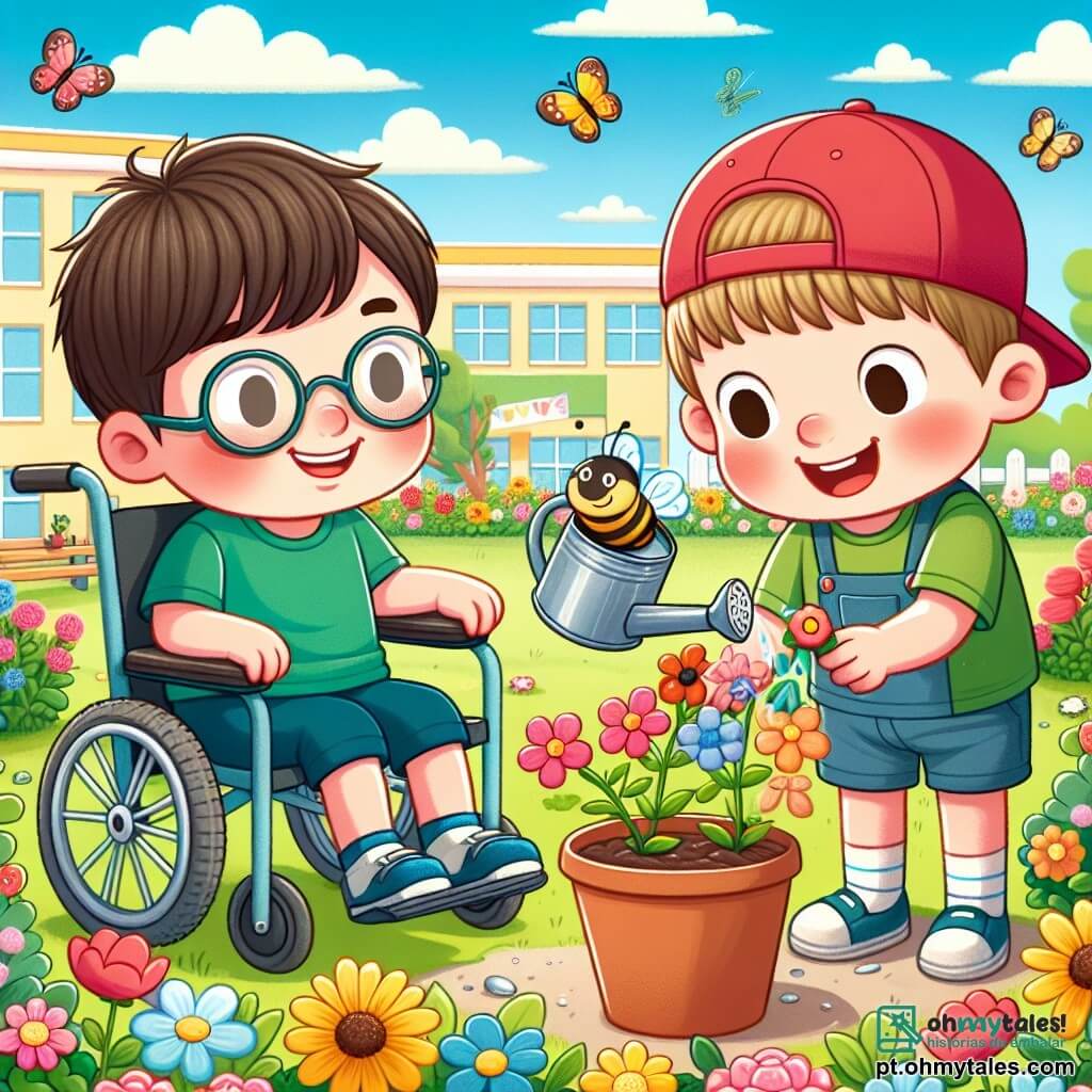 Três meninos de 5 anos estão em um jardim colorido: João está sentado em sua cadeira de rodas, com cabelos castanhos e óculos, sorrindo enquanto segura um pequeno regador. Pedro está em pé ao lado de João, com cabelos loiros e um boné vermelho, despejando água em uma flor com um grande sorriso. Lucas, com cabelos castanhos e uma camiseta verde, está agachado na frente de um vaso de flores, observando atentamente uma pequena abelha que está polinizando. O jardim está cheio de flores vibrantes de todas as cores, com borboletas voando ao redor e um céu azul claro com algumas nuvens brancas. Ao fundo, vê-se uma grande escola com paredes amarelas e janelas abertas, deixando entrar a luz do sol. A cena mostra as crianças cuidando das plantas, ilustrando seu compromisso em proteger o meio ambiente e combater a mudança climática, com sorrisos em seus rostos, simbolizando esperança e amizade.
