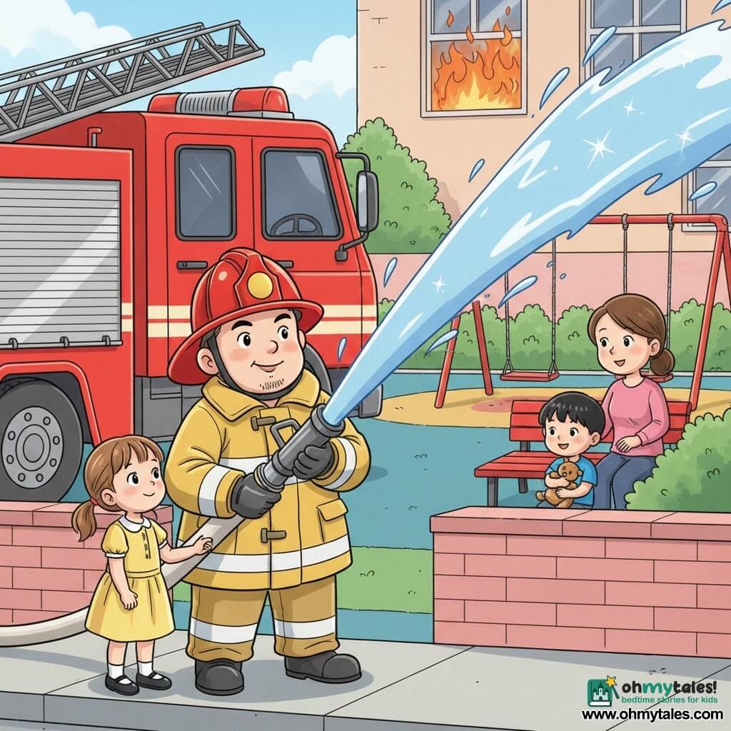 A thirty-something firefighter with a round smiling face, determined but kind expression, shiny red helmet and yellow reflective jacket holds a large hose spraying a white-blue jet at orange flames; a six-year-old girl with light-brown pigtails in a yellow dress holds his hand and watches admiringly from the sidewalk; a five-year-old boy with short black hair in a blue T-shirt clutches his comfort toy while sitting slightly back on the playground; a relieved teacher in her thirties with tied-back hair counts the children beside a red bench; the schoolyard has colorful rubber flooring, red swings, a pink brick wall and a large red fire truck parked to the left; flames come from a background window but the firefighter's powerful spray creates sparkling droplets and the children are safely gathered in the foreground, evoking courage and comfort.