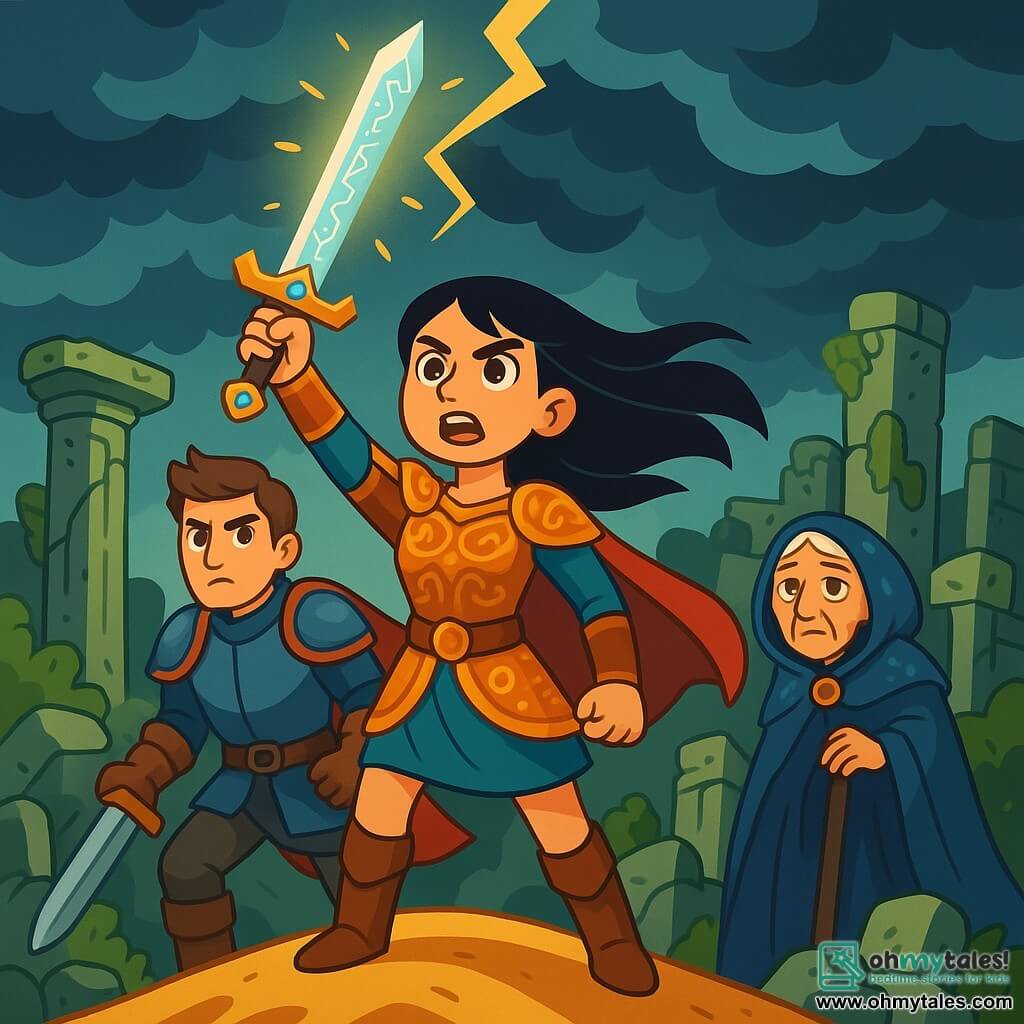 Kaela, a brave young woman around 20 years old, stands proudly atop a golden dune, her face marked by determination and hope. She wears light armor adorned with ancient patterns, and her long black hair flows in the wind. In her right hand, she brandishes a shimmering sword, illuminated by magical runes. Beside her, King Toran, a young man about 25, is clad in robust armor, with brown hair and piercing eyes, ready to defend Kaela with a resolute and protective expression. Further away, a wise old woman, Mother Anera, around 60 years old, observes the scene with a kind gaze, her wrinkled skin and cloak adorned with mystical symbols. The setting is that of an ancient ruined kingdom, with collapsed columns and stones covered in lichen, while a stormy sky rumbles above, creating an atmosphere of tension and mystery. The main scene shows Kaela raising her sword to the sky, ready to unite the people against a dark threat, as lightning illuminates her determined face, symbolizing hope and the struggle for freedom.