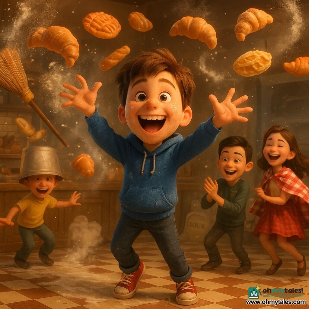 An 11-year-old boy named Marvin, round-faced with flour-speckled skin, messy chestnut hair, laughing with his arms raised while animated pies and croissants whirl around him; behind and to his right, Felix, about 11, short black hair and a mischievous grin, shines a flashlight and applauds; nearby a 12-year-old girl wearing a red-and-white checked tablecloth cape dances and laughs, a 12-year-old with a bucket on his head slips on a puddle of icing to the left, and another 11–12-year-old with a colander on his head is covered in cream in the background; interior of a cozy bakery with a worn wooden counter, warm-lit glass display, torn flour sacks creating powdery clouds, shiny steel ovens, striped white-and-brown tiles, and stacked baguette packages, all amid joyful, comic chaos of dancing pastries, swirling brooms, floating cloths, and flour patterns in golden, festive light.