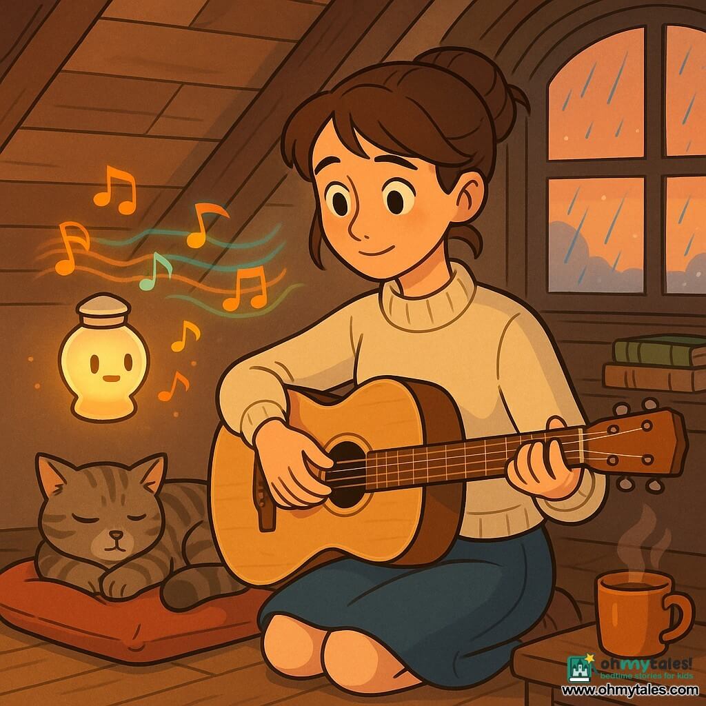 Mira, a young adult with a soft, focused face, bright eyes and a shy smile, wearing a cream wool sweater and blue skirt with chestnut hair in a loose bun, gently strums a light‑wood acoustic guitar near a small glowing lantern; the Humming Lantern, a frosted glass lamp with an amber inner glow and a tiny luminous face, floats nearby sending visible colorful musical waves, while a grey tabby cat naps on a red cushion; they are in a cozy attic with exposed beams, a rain‑streaked fogged window, cluttered shelves, a wooden metronome and a steaming cup of tea on a low table as Mira softly sings to prepare for a concert, creating a warm, intimate, magical atmosphere.
