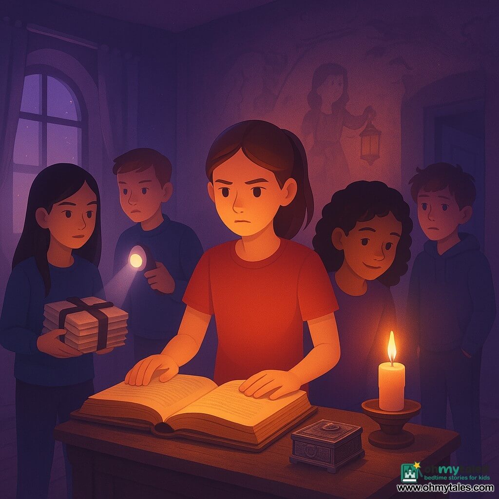 Five children in a small round room called "the heart chamber": Mara, ~11, chestnut hair in a ponytail, determined, hands on an old open book standing center in front of a small wooden pedestal holding a tin music box and yellowed letters; Junie, ~11, curly hair, mischievous smile, gently touching a small lit candle to Mara's right; Tess, ~11, straight black hair, focused, holding a stack of letters tied with a black ribbon slightly behind Mara to the left; Eli, ~12, short hair, holding a metal flashlight like a scepter illuminating the scene from back-left with visible beams; Ben, ~11, tousled hair, half-frightened half-amused, hands in pockets at back-right glancing toward a half-open door. The room has faded frescoes of a girl with a lantern, worn plank floor, a new candle casting warm long shadows, high windows filtering violet dusk, torn curtains and dust in the rays. The five children have found Lucinda's letter and lit the candle; the flickering light reveals the music box and frescoes, creating a gently eerie atmosphere with warm candlelight against cool violet background, composition centered on the pedestal and the children's illuminated faces.
