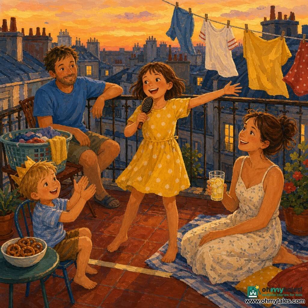An 8-year-old girl with short brown hair in a yellow polka-dot dress holds a hairbrush microphone behind a masking-tape "stage," her 4-year-old blond brother in a slightly crooked paper crown sits on a low chair clapping beside a bowl of pretzels, their father with light beard in a blue t-shirt sits behind her with an encouraging look and a laundry basket on the railing, their mother with hair up in a light dress sits on a blanket holding a lemonade with ice, all on an urban balcony at late afternoon with a rusted metal railing, red tiles and chimneys, a clothesline with shirts, an orange sky and a few lit windows; the girl softly sings and bows while the brother applauds and the parents laugh, warm saturated colors, visible gouache texture, thick brushstrokes and soft contrasts.