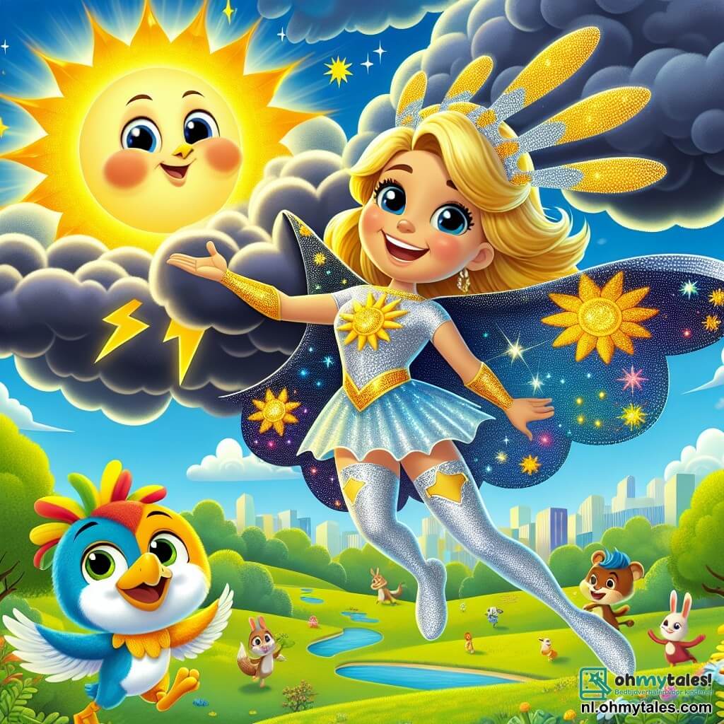 In het midden van de afbeelding vliegt Zonnige Ster, een superheldin, door de lucht. Ze is een vrouw met gouden haren die glanzen als zonnestralen. Haar glinsterende cape is versierd met zon- en wolkenpatronen en ze heeft een grote glimlach vol vreugde en vastberadenheid. Ze steekt haar hand uit naar een grote donkere wolk, klaar om met hem te praten. Dichtbij vliegt een klein kleurrijk vogeltje, een nevenpersonage, om haar heen. Het is een jongen van nog geen 5 jaar, met gele en blauwe veren. Hij lijkt enthousiast en nieuwsgierig, terwijl hij in de lucht rondtolt om Zonnige Ster aan te moedigen. Onderaan, in een groene park, kijken verschillende dieren zoals konijnen en eekhoorns bewonderend toe. Ze zijn allemaal samengekomen, klaar om hun superheldin-vriendin te helpen. De achtergrond toont een stralende blauwe lucht, bezaaid met enkele witte wolken en de schitterende zon. Daaronder is de stad vol levendige kleuren, met groene bomen en kleurrijke bloemen. De belangrijkste situatie toont Zonnige Ster, vol moed, terwijl ze de grote donkere wolk aanspreekt en voorstelt om samen te spelen en regenbogen te creëren, waardoor een bedreiging in een mooie vriendschap verandert.