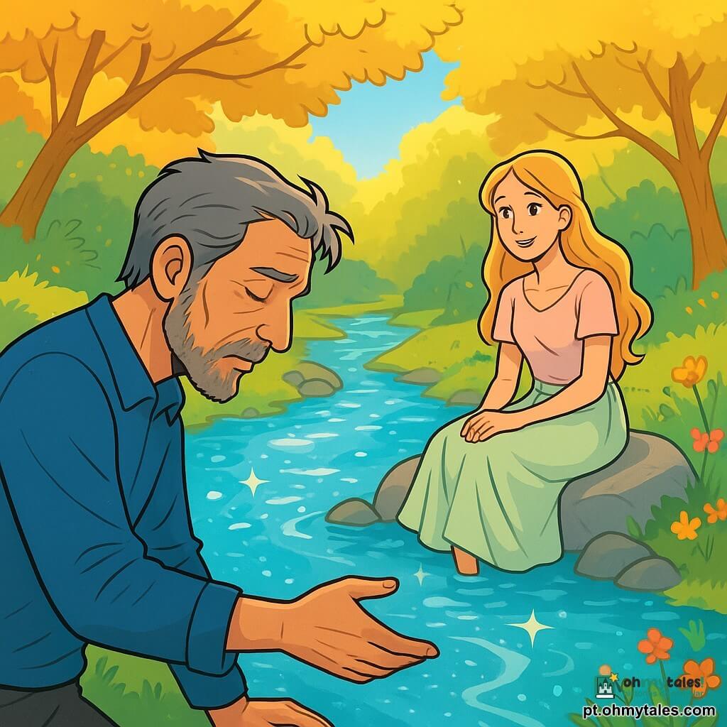 Um homem chamado Elias, com cerca de cinquenta anos, cabelos grisalhos e um rosto marcado pelo tempo, está à beira de uma ribeira cintilante. Seu olhar é de melancolia e determinação, enquanto ele estende a mão para a água, como se quisesse tocar suas memórias. Perto dele, uma jovem chamada Áurea, com cerca de 25 anos, cabelos longos e dourados e um vestido leve em cores pastel, observa Elias com um sorriso tranquilizador. Ela está sentada em uma pedra lisa, cercada por flores silvestres que dançam ao vento. O local é um lindo vale de cristal, onde pedras brilhantes e riachos cintilantes se misturam a uma vegetação exuberante. Árvores majestosas com folhas douradas formam um dossel acima deles, permitindo que raios de sol iluminem a cena com uma luz suave. A situação principal mostra Elias, com os olhos fechados, murmurando palavras de perdão para a ribeira, enquanto Áurea o encoraja com bondade, criando uma atmosfera de redenção e esperança.