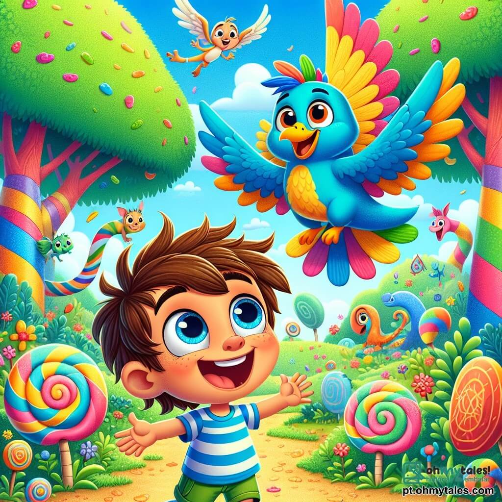 Um menino de 6 anos, Tico, com cabelos castanhos bagunçados e olhos cheios de curiosidade, está no centro da imagem, sorrindo entusiasticamente enquanto observa um engraçado porquinho voador colorido. Tico usa uma camiseta listrada azul e um short verde, pulando de alegria com os braços levantados para o céu. Ao seu lado, Pipo, um pequeno pássaro azul vibrante com bico amarelo, voa alegremente ao redor de Tico, expressando grande empolgação. Ao fundo, a Draga-Feliz, uma criatura mágica parecida com um dragão, com penas de todas as cores do arco-íris, flutua no ar, sorrindo e observando a cena com benevolência. O cenário é uma floresta encantada, repleta de árvores de troncos multicoloridos e flores gigantes que parecem dançar ao vento. Nuvens em forma de doces flutuam em um céu azul brilhante, adicionando um toque de magia. A situação principal mostra Tico e Pipo ajudando o porquinho voador a encontrar uma grande cenoura dourada presa nos galhos de uma árvore, criando uma atmosfera de camaradagem e aventura alegre.