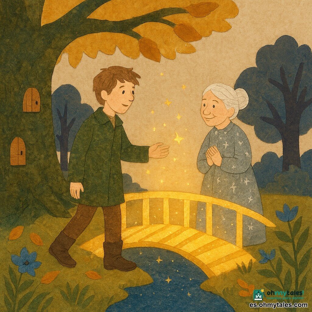 Tomás, rostro suave, pelo castaño claro despeinado, mirada asombrada y sonrisa serena, camina lentamente con una mano hacia la luz de un puente; en el centro del puente una mujer anciana de unos 70 años, pelo blanco en moño, piel arrugada, ojos brillantes, manos juntas y vestido plateado con motivos estelares la mira sonriendo; a la izquierda un gran árbol antiguo con tronco cubierto de musgo y pequeñas puertas de madera cuyas ramas forman un semicírculo protector; el puente está hecho de franjas luminosas doradas sobre un pequeño barranco en un claro bañado por la luz crepuscular, con hojas doradas, flores azules, una fuente que refleja estrellas y siluetas de árboles con textura de papel; Tomás cruza el puente para encontrarse con la mujer sabia en un momento silencioso y mágico de estrellas y reflejos, ambiente suave en tonos dorados y azules, contraste tipo collage y texturas de papel con bordes recortados y capas superpuestas.