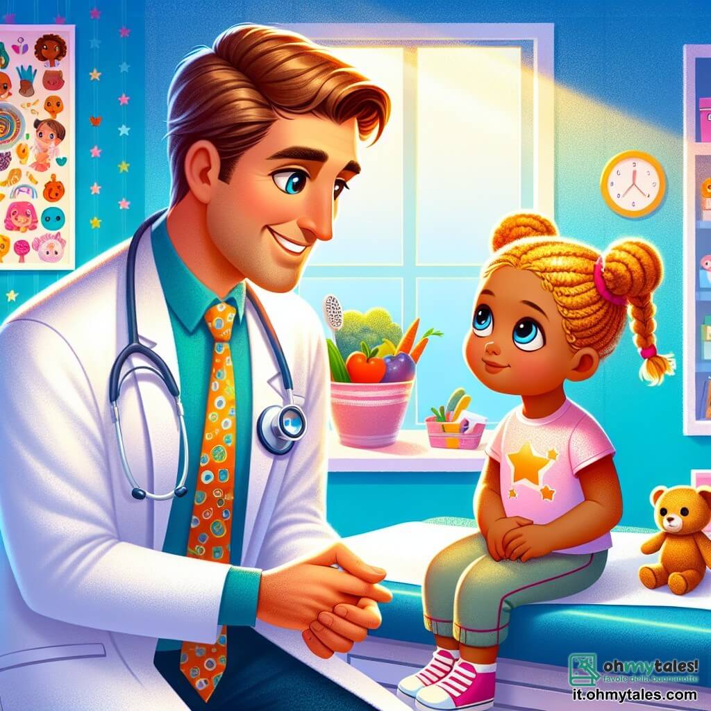 Un uomo, il dottor Riccardo, sorridente e benevolo, indossa un camice bianco brillante e ha uno stetoscopio al collo. Ha i capelli castani e occhiali rotondi che gli danno un'aria intelligente. Sta esaminando una bambina, Elisa, di otto anni, che ha gli occhi ben aperti, un po' nervosa ma curiosa, seduta su un lettino. Elisa ha i capelli biondi e trecce, indossa una maglietta rosa con stelle. Guarda il dottore con un'espressione di attesa, tenendo un piccolo orsetto di peluche tra le braccia. La scena si svolge in uno studio medico luminoso e accogliente, con pareti dipinte di azzurro chiaro, poster colorati sulla salute e giocattoli sparsi su uno scaffale. Una finestra lascia entrare la luce del sole, illuminando la stanza. Il dottor Riccardo spiega con calma a Elisa l'importanza di mangiare frutta e verdura, mostrandole una ricetta colorata che ha disegnato per lei, piena di disegni di carote e mele sorridenti.