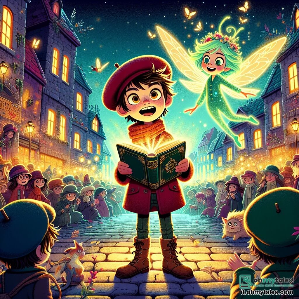 Un ragazzo di 10 anni, di nome Luca, si trova al centro di una piazza animata, con occhi brillanti di curiosità e un ampio sorriso sul volto. Indossa un piccolo cappotto rosso usurato, un berretto di lana e stivali di pelle, mentre tiene in mano un libro antico dalle pagine scintillanti. Accanto a lui, una piccola fata dai capelli verdi fluo, di nome Fiamma, vola gioiosamente, con ali trasparenti che brillano sotto la luce dorata. Ha un'espressione maliziosa e indossa vestiti fatti di petali di fiori. Sullo sfondo, la piazza è circondata da edifici in pietra dai tetti colorati, illuminati da lanterne volanti. Creature magiche, come draghi in miniatura e gatti a due code, si mescolano alla folla, aggiungendo un tocco di magia all'atmosfera. La scena mostra Luca mentre recita un'incantesimo con passione, mentre un raggio di luce sprizza dal libro, dissipando una nebbia scura che avvolge la città. L'espressione di determinazione sul suo volto mostra che è pronto ad affrontare l'avventura che lo attende.