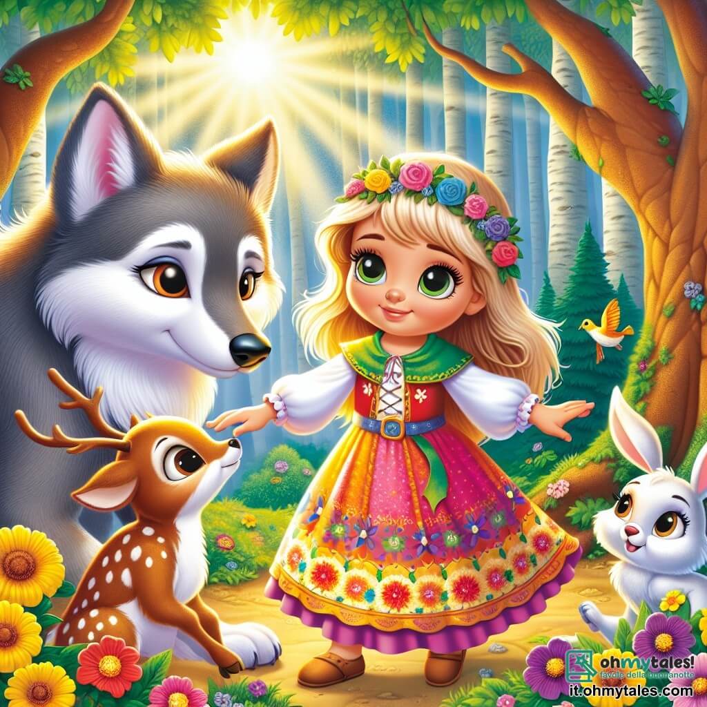 Una bambina di 5 anni, di nome Livia, si trova al centro della scena. Ha grandi occhi curiosi e capelli dorati che brillano come il sole. Il suo viso esprime una dolce determinazione e indossa un vestito colorato decorato con fiori. Avanza con un leggero sorriso, tendendo la mano verso un grande lupo dal pelo grigio, che appare triste e solitario. Accanto a lei, un coniglietto dalle grandi orecchie e pelo bianco osserva la scena con occhi tondi, mentre un cerbiatto carino, con pelo marrone e macchie bianche, sta un po' in disparte, incuriosito dalla situazione. Un uccello blu, posato su un ramo, cinguetta allegramente, portando un tocco di vita all'insieme. Il luogo è una foresta incantata, con alberi maestosi dai tronchi spessi e foglie verdi brillanti. Fiori colorati crescono sul terreno e raggi di sole filtrano tra i rami, creando un'atmosfera magica e calorosa. La scena principale mostra Livia che si avvicina coraggiosamente al lupo, tendendo la mano per offrirgli la sua amicizia, mentre gli animali la osservano con curiosità e speranza, illustrando il momento in cui la paura si trasforma in comprensione e compassione.