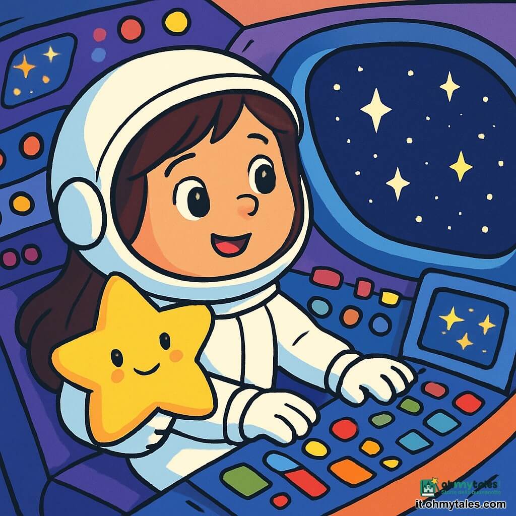 Una donna di nome Anna, con lunghi capelli castani e occhi scintillanti di curiosità, è seduta in una navicella spaziale brillante. Indossa una tuta spaziale bianca che brilla sotto le luci colorate della cabina. Il suo volto esprime grande eccitazione e un leggero sorriso mentre guarda fuori dal finestrino. Accanto a lei, un peluche a forma di stella, morbido e soffice, è abbracciato a lei come un amico fedele. La cabina è piena di pulsanti colorati, luci lampeggianti e schermi che mostrano stelle scintillanti. All'esterno, l'immensità dello spazio nero è punteggiata da migliaia di stelle brillanti. La scena principale mostra Anna pronta al decollo, con le mani sul cruscotto, mentre la navicella vibra dolcemente, pronta a volare verso le stelle.