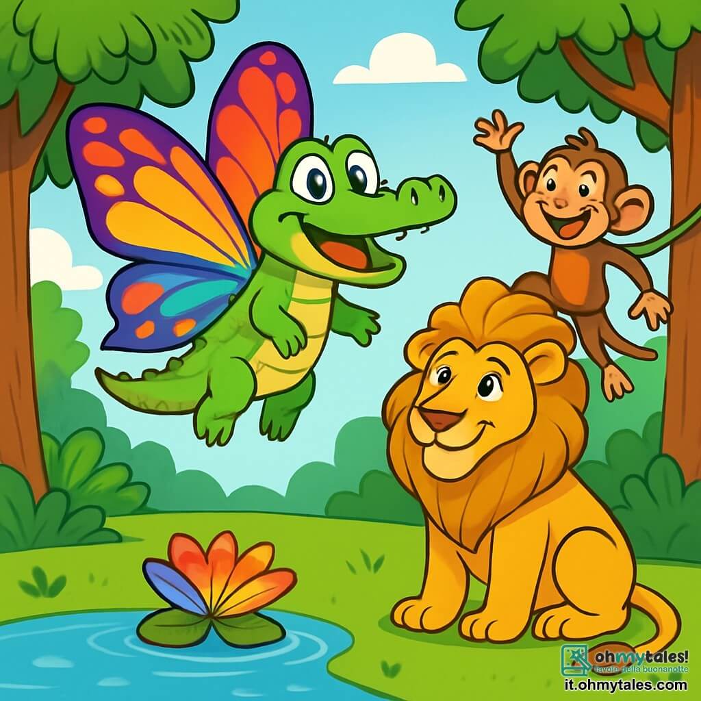 Un giovane coccodrillo di nome Kiko, con una pelle verde brillante e occhi pieni di curiosità, vola felicemente nell'aria grazie alle sue ali di farfalla multicolori, mostrando un ampio sorriso meravigliato. Nei pressi, Leo, un maestoso leone con una criniera dorata e uno sguardo amichevole, osserva Kiko con ammirazione, mentre Mila, una piccola scimmia birichina con pelo marrone e occhi maliziosi, salta di ramo in ramo ridendo di gioia. La scena si svolge in un radura soleggiata della giungla, circondata da alberi imponenti con foglie lussureggianti e una piccola distesa d'acqua scintillante dove galleggia un magnifico fiore dai petali arcobaleno. Kiko, meravigliato dalla sua trasformazione magica, mostra ai suoi amici la bellezza del mondo visto dall'alto, mentre condividono un momento di felicità e meraviglia insieme.