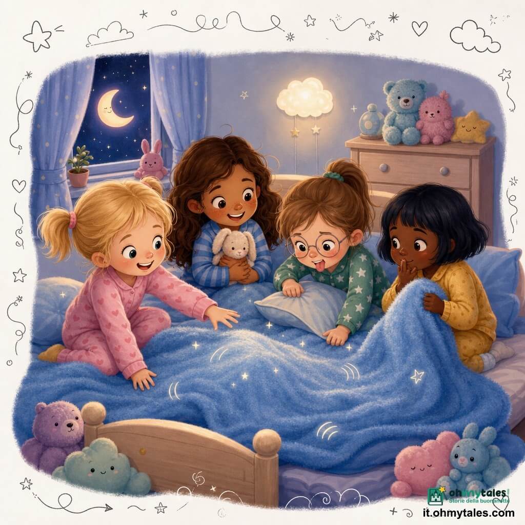 Quattro bambine di circa 6 anni: Emma bionda con due codine in pigiama rosa a cuori a sinistra che porge la mano sotto la coperta sorridendo, Sofia castana ondulata con lentiggini in pigiama blu a righe centro-sinistra che tiene un peluche e ride guardando la coperta che si muove, Lucia castano chiaro in coda con occhiali rotondi in pigiama verde a stelle centro-destra che fa una smorfia cercando una rotella sotto il cuscino, Nora capelli neri corti in pigiama giallo senape a destra che stringe la coperta e sussurra ai sogni; ambientazione in una piccola stanza azzurra con letto singolo e grande coperta azzurra soffice che le avvolge come un abbraccio, cassettiera chiara, pupazzi agli angoli, luna sul vetro e luce calda di una lucina a forma di nuvola; situazione: le quattro sotto la stessa coperta che si muove come se sogni saltellassero sotto, espressioni gioiose e risate trattenute, dettagli divertenti come una rotella colorata che spunta, un calzino che solletica e doodle di farfalle e stelle in sovraimpressione; stile pastello, tratti morbidi, texture peluche, atmosfera tenera e spiritosa.