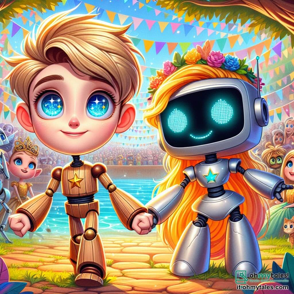 Pinocchio, un ragazzo di legno con una pelle di porcellana liscia e occhi brillanti come stelle, esprime determinazione e coraggio. È in piedi, con i pugni chiusi, pronto a difendere un amico, con capelli dorati che brillano al sole. Accanto a lui c'è Aurora, una ragazza robot con capelli blu vivaci e occhi luminosi, che sorride gentilmente tenendo la mano di Robby, un robot dal corpo argentato e tratti amichevoli, che guarda con gratitudine. La scena si svolge vicino a un fiume scintillante, circondato da alberi dalle foglie multicolori e stand colorati della Grande Fiera delle Differenze, dove creature fantastiche si radunano. Pinocchio e i suoi amici si trovano davanti a un gruppo di persone che li guardano sorpresi mentre difendono Robby dalle derisioni. L'atmosfera è vibrante, piena di energia e speranza, illustrando la bellezza dell'accettazione e dell'amicizia.