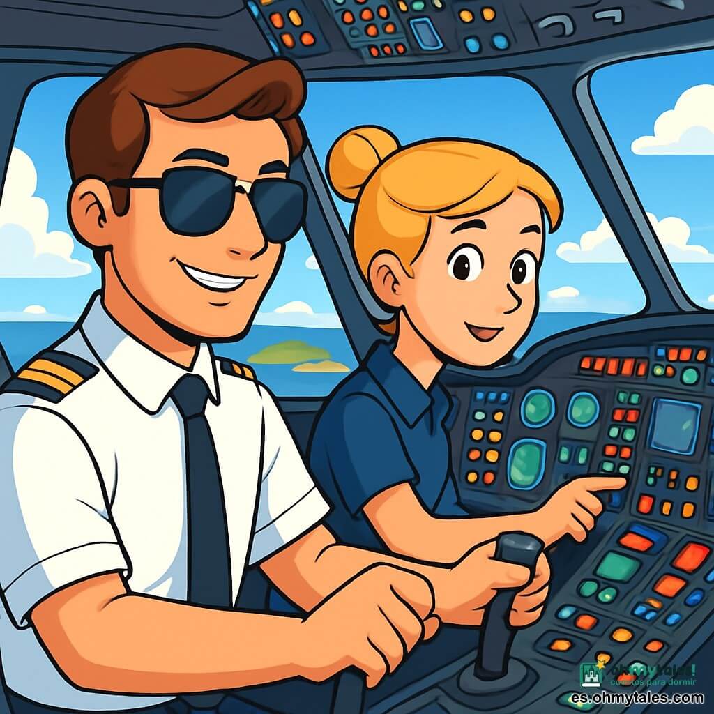 Un piloto de avión, un hombre de unos treinta años con cabello castaño y gafas de sol, está en la cabina, mostrando una sonrisa confiada y concentrada. Lleva una camisa blanca impecable y una corbata negra, mientras ajusta los controles con seguridad. A su lado, una joven, Elena, de unos 25 años, con cabello rubio recogido en un moño, observa atentamente los instrumentos, con el rostro marcado por la emoción y la determinación. La cabina está llena de luces parpadeantes e instrumentos brillantes, ofreciendo una vista panorámica de un cielo azul salpicado de nubes blancas esponjosas. En el fondo, se pueden ver islas verdes y playas doradas a través de la ventana. La escena principal muestra al piloto y su copiloto preparándose para el despegue, rodeados de equipo de vuelo, con una atmósfera de camaradería y aventura palpable en el aire.