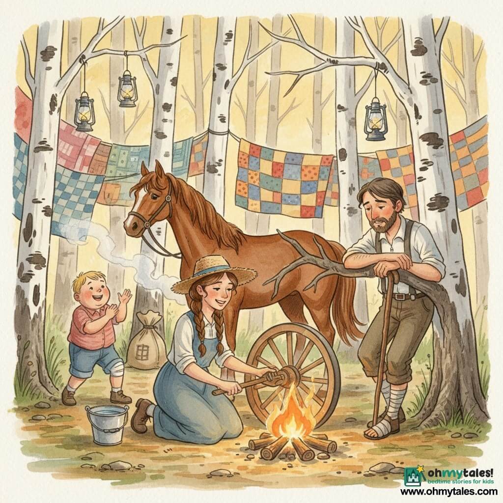 Lila Mae, a young determined woman with a focused smile, soot-stained fingers and a tilted straw hat, kneels repairing a wagon wheel with a wooden wrench in warm firelight; Tomas, about 30, tired but grateful with a bandaged ankle, leans on a nearby branch to her right, holding a stick; Benny, an 8-year-old boy with a bandaged knee, hops and claps to her left by a small bucket of water; Maple, a glossy chestnut mare with a wavy mane, stands calmly behind with her nose near a canvas sack; the group is in a grove of white-speckled poplars with colorful quilts draped between trees and tin lanterns hanging, dusty ground marked by wheel and hoof prints, late-afternoon golden light, soft smoke and a warm sense of communal aid as they repair the wheel and tend the injured.