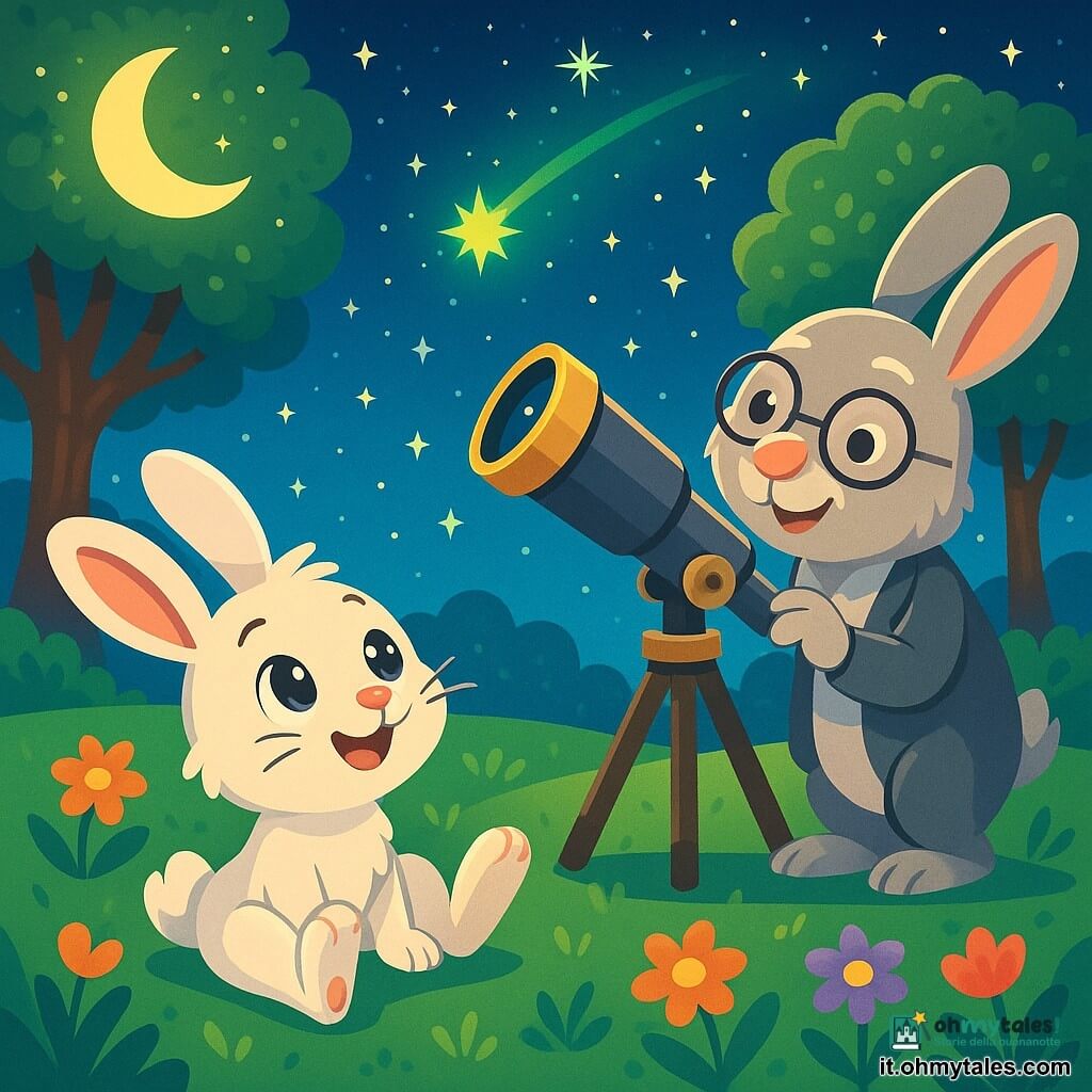 Un coniglietto di nome Lillo, con grandi orecchie e un pelo morbido e bianco, guarda con meraviglia il cielo stellato, i suoi occhi brillano di curiosità ed eccitazione. È sdraiato sull'erba verde, circondato da fiori colorati che danzano dolcemente nel vento. Accanto a lui, il saggio Professor Zampa, un vecchio coniglio con occhiali tondi e pelo grigio, osserva attentamente il cielo con un grande telescopio, il suo viso esprime saggezza e meraviglia. Si tiene in piedi, leggermente inclinato, con un sorriso benevolo. Il luogo è un parco incantevole, illuminato dalla luce della luna, con alberi maestosi dalle foglie scintillanti e un cielo pieno di stelle brillanti, creando un'atmosfera magica e pacifica. La scena principale mostra Lillo e il Professor Zampa che scoprono una misteriosa luce verde nel cielo, che scintilla e sembra danzare tra le stelle, risvegliando in loro un sentimento di avventura e scoperta.