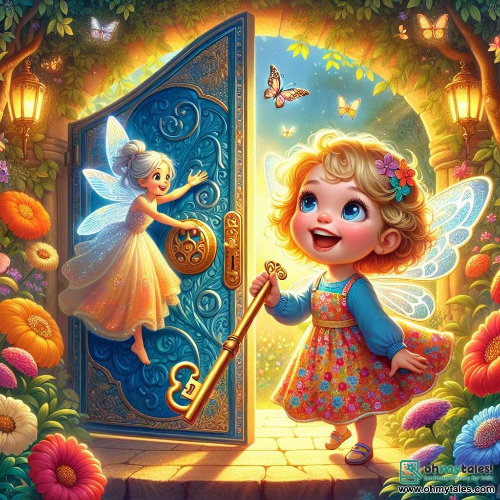 A 2-year-old girl named Lily, with bright big eyes and curly golden hair, smiles in wonder as she holds a sparkling key in her small hand. She wears a colorful flower dress and stands in front of a large blue door adorned with embossed patterns, ready to open it. Next to her, a little fairy, about 5 years old, with translucent wings and silver hair, joyfully flies in the air. She wears a dress made of flower petals and smiles at Lily, encouraging her friend to open the door. The setting is an enchanted garden filled with brightly colored flowers, fluttering butterflies, and majestic trees with shimmering leaves under the sun. Golden sunlight filters through the branches, creating a magical atmosphere. The main scene shows Lily, full of joy and excitement, inserting the key into the lock of the blue door, ready to discover the wonders hidden behind it.