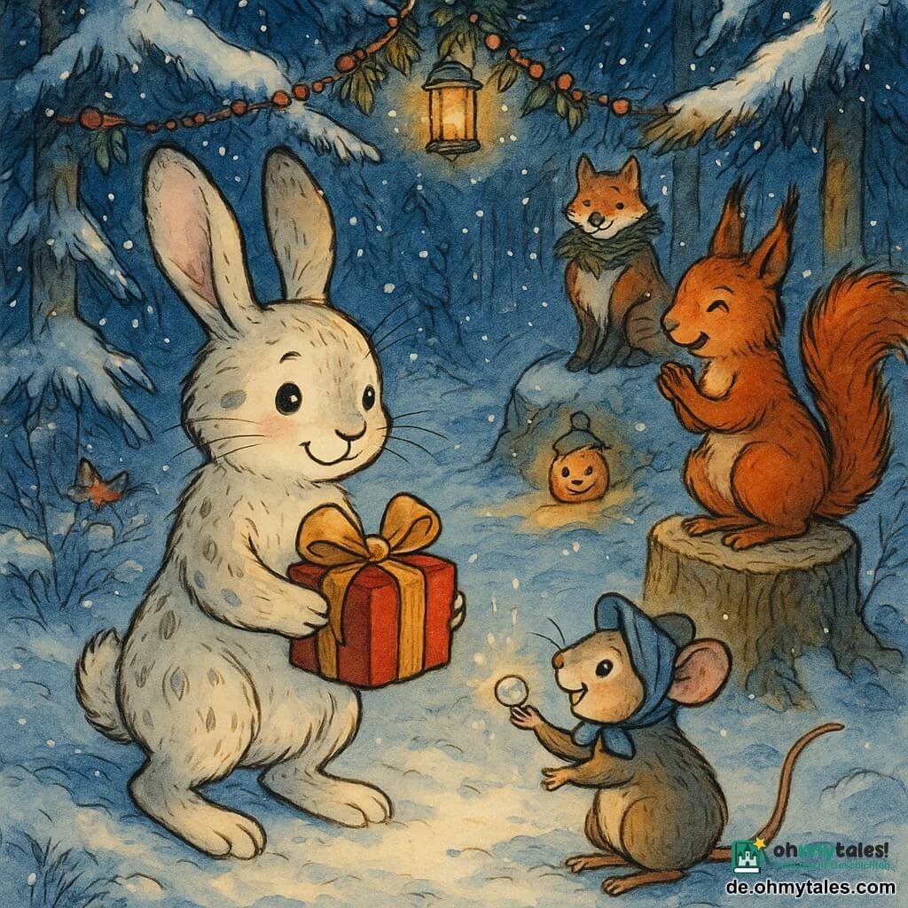 Ein kindlicher Hase (Hauptfigur) mit langen weichen Ohren, cremeweißem Fell mit grauen Flecken, runden glänzenden Augen und schüchternem Lächeln hält zart ein rotes Päckchen mit großer goldener Schleife, stolz aber etwas unbeholfen; eine freundliche Eichhörnchenfreundin mit feuerrotem, buschigem Fell und schelmischem Blick steht rechts auf einem Baumstumpf und klatscht leise; eine winzige Maus in blauer Mütze, vergnügt, reicht eine Perlen-Funkel zum Schleifenende, in der Schneehocke vor dem Hasen; ein Fuchs mit Tannenschal sitzt hinten auf einem Felsen, eine Kürbislaterne daneben, lächelt wohlwollend und beobachtet die Szene; Schauplatz ein verschneiter Waldweg bei Nacht mit dichten schneebedeckten Bäumen, Beerengirlanden und kleinen Laternen, die warmes Licht spenden, knirschender Schnee und funkelnder Reif; Hauptsituation: ein warmes Weihnachtsmoment, der Hase übergibt sein sorgfältig zubereitetes Geschenk, sanftes Licht, kontrastreiche Tintenfarben, gemütliche Atmosphäre, klare Komposition und ausdrucksstarke Gesten.