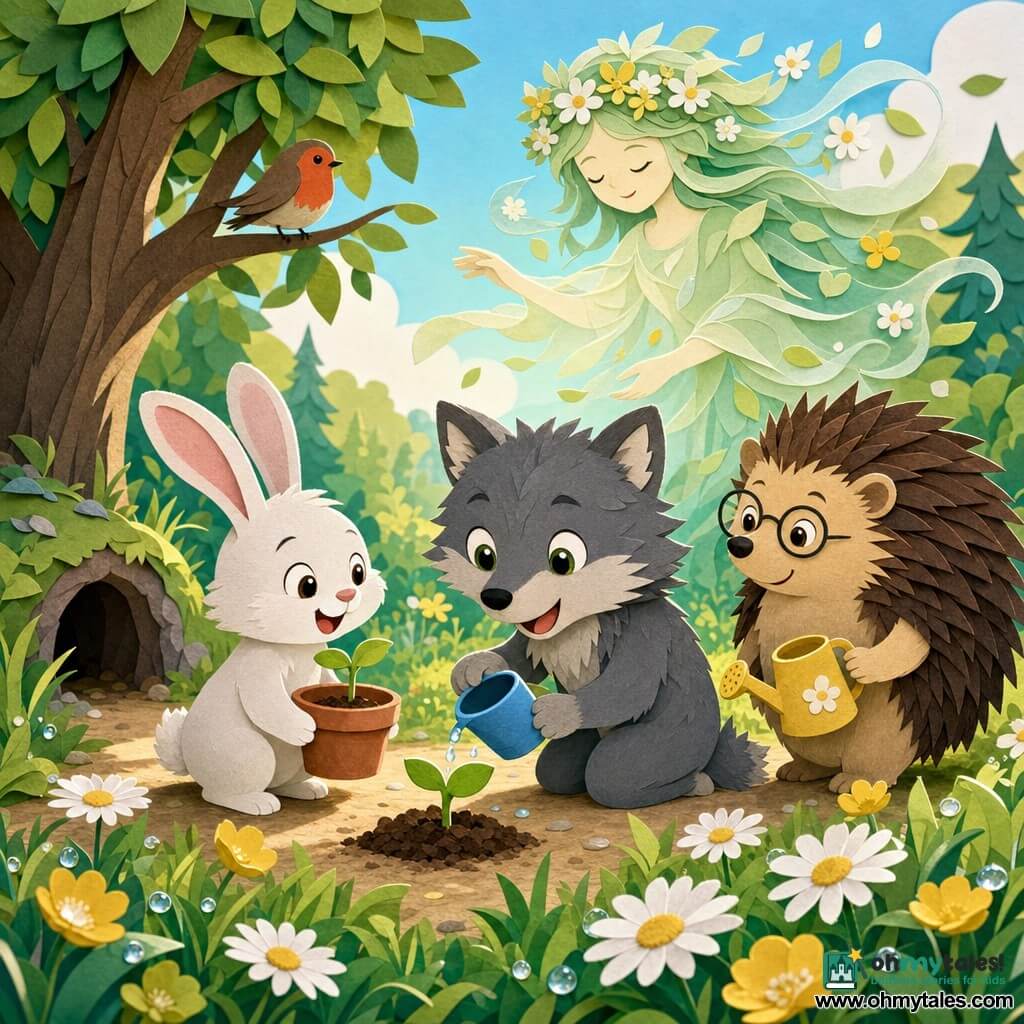Little Wolf (main) — a small gray wolf with soft fur, big round bright eyes and rounded ears, joyful, kneeling beside a tiny tender green sprout emerging from the soil while holding a small blue cup pouring water; Rabbit (secondary) — a small white rabbit with long pink ears and a playful smile, holding a terracotta pot with another sprout to the left, looking enthusiastically at the sprout; Mrs. Hedgehog (secondary) — a round teacher hedgehog with stylized brown quills, round glasses and a kind expression, standing slightly back to the right holding a yellow watering can; Spring Spirit (imaginary) — a light translucent silhouette of pale green leaves and petals with a flower-crown, floating gently above like a visible breeze; Setting — a sunlit spring forest path in soft morning light, dewy green grass dotted with white daisies and yellow buttercups, a tree with a robin on a branch in the background and the wolf’s den tucked at the back left; Scene — a tender calm moment as the first sprout breaks through the soil, composition centered on the sprout with the three characters in a semicircle, bright contrasting colors (soft greens, warm yellows, sky blue), crisp paper-cut textures, soft shadows and clear outlines for a warm childlike look.