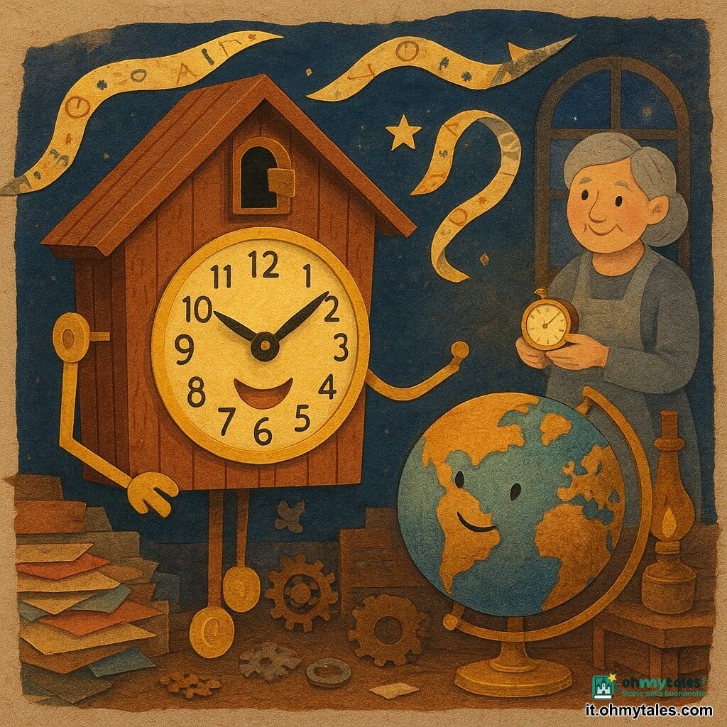 Tic, un grande orologio a cucù in legno con un volto tondo sorridente, è entusiasta: le lancette-braccia si tendono verso una leva che aziona e il quadrante emette un bagliore dorato; Globo, un vecchio mappamondo su piedistallo di ottone, è curioso e stupito, ruotando leggermente accanto a Tic con continenti dipinti a mano; sullo sfondo a destra una venditrice di antichità anziana tiene un piccolo orologio magico luccicante con sorriso benevolo; l'officina è piena di pile di mappe strappate di carta colorata, ingranaggi arrugginiti, pezzi di orologio, lampade a olio e finestre appannate che filtrano una luce crepuscolare calda; nastri del tempo decorati con orologi e stelle serpeggiano nell'aria; la scena mostra il momento di attivazione della macchina del tempo, energico e incantato, in stile collage di carta ritagliata con texture di cartone e pittura, bordi visibili e una palette miele, blu notte e rame, composizione centrata su Tic e Globo.