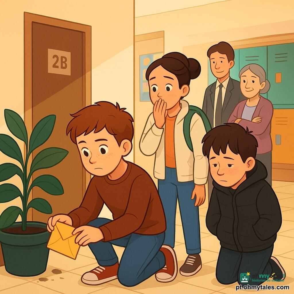 Tomás, 12 anos, concentrado e sereno, rosto redondo com sardas e cabelo castanho curto, ajoelha-se para tirar um pequeno envelope amarelo amassado preso entre a parede e um vaso; Dina, 12 anos, aliviada e preocupada, cabelo castanho preso em coque, está atrás dele com a mão na boca, mochila verde e jaqueta clara; Rui, cerca de 12 anos, envergonhado e com as bochechas coradas, veste um grande casaco preto com um cadarço fluorescente à mostra, mantém-se recuado olhando para o chão; Dona Lurdes, bibliotecária de ~50 anos, rosto meigo e cabelo grisalho preso, braços abertos em alívio perto do balcão; Senhor Azevedo, diretor adjunto na casa dos cinquenta, terno simples e gravata um pouco desalinhada, observa calmo ao fundo com as mãos nos bolsos; corredor de escola iluminado com chão de azulejo bege, paredes creme e rodapés marrons, planta grande ao lado da porta “2B”, cartazes e cacifes ao fundo e marcas de lama junto à entrada; cena centrada na descoberta do envelope amarelo junto à planta, atmosfera de tensão dissipada, luz suave do fim de tarde, composiçao em diagonal dirigida ao envelope, estilo claro com linhas nítidas e cores vivas que ressaltam cooperação e honestidade.