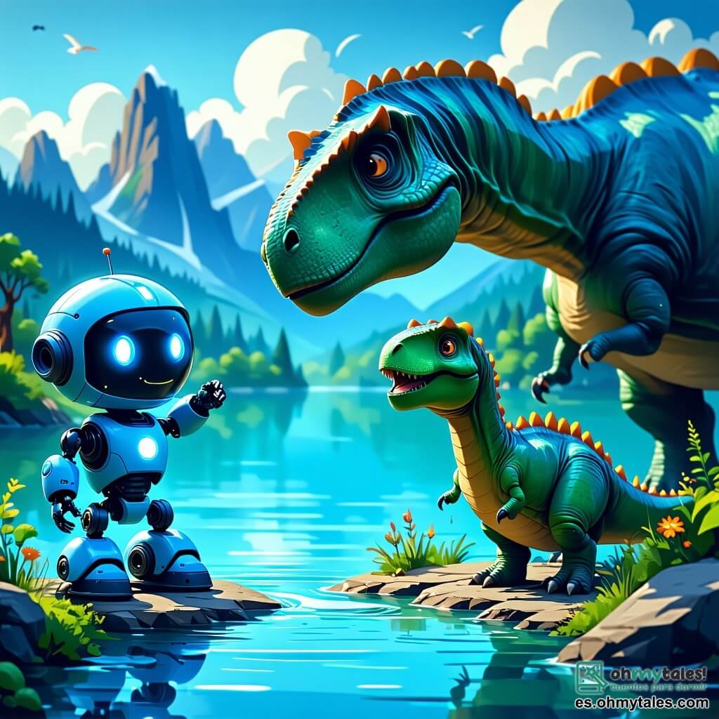 Rolo, un pequeño robot alegre con una luz azul brillante en su cara, está al borde de un gran lago prehistórico, con los ojos abiertos de asombro. Tiene forma redonda y brazos articulados, y levanta una mano para saludar a un gigantesco brontosaurio que se inclina hacia él, mostrando una sonrisa amistosa. A su lado, Dino, un pequeño dinosaurio verde con manchas amarillas, salta de alegría, su cola moviéndose de emoción. Trixie, una tortuga de caparazón colorido, está un poco más atrás, sonriendo y observando la escena con ojos llenos de curiosidad. El lugar es un paisaje prehistórico vibrante, con árboles gigantes, flores de colores brillantes y montañas lejanas bajo un cielo azul claro con nubes esponjosas. La situación principal muestra a Rolo y sus amigos descubriendo juntos la belleza de la prehistoria, mientras el brontosaurio se acerca para jugar, creando un momento mágico de amistad y asombro.