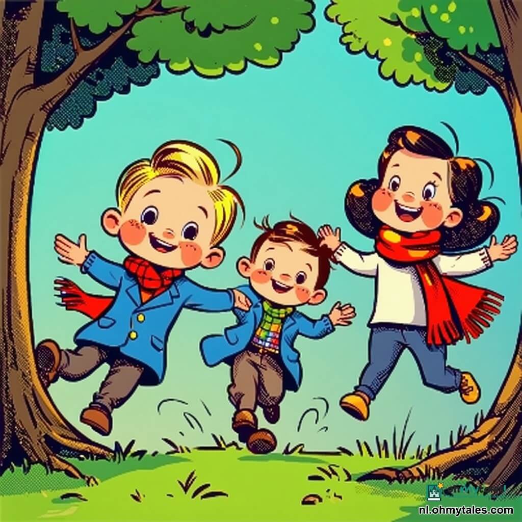 Vijf personen: vier jongens van ongeveer 8 jaar — Jens (kort blond haar, blauwe jas) glijdt licht naar voren links met armen wijd, Sam (bruin krullend haar, rode sjaal) staat rechts van Jens en lacht, Daan (kastanjebruin haar, groene jas) skate zachtjes iets achter hen, Bram (zwart haar, gele jas) staat rechts en wordt door de anderen gesteund — en een vrouwelijke coach (Eva, ~30, haren in knot, rode jas) applaudisseert vanaf de rinkrand linksachter. Plaats: grote overdekte ijsbaan met lichte houten wanden, grote rijpige ramen, glanzend blauwachtig ijs, houten banken en enkele kleurrijke kegels. Situatie: de vier jongens schaatsen bijna hand in hand als een vrolijke rij; één wankelt maar wordt geholpen, de coach moedigt aan, warme winterse sfeer met heldere kleuren en glinsterend ijs.