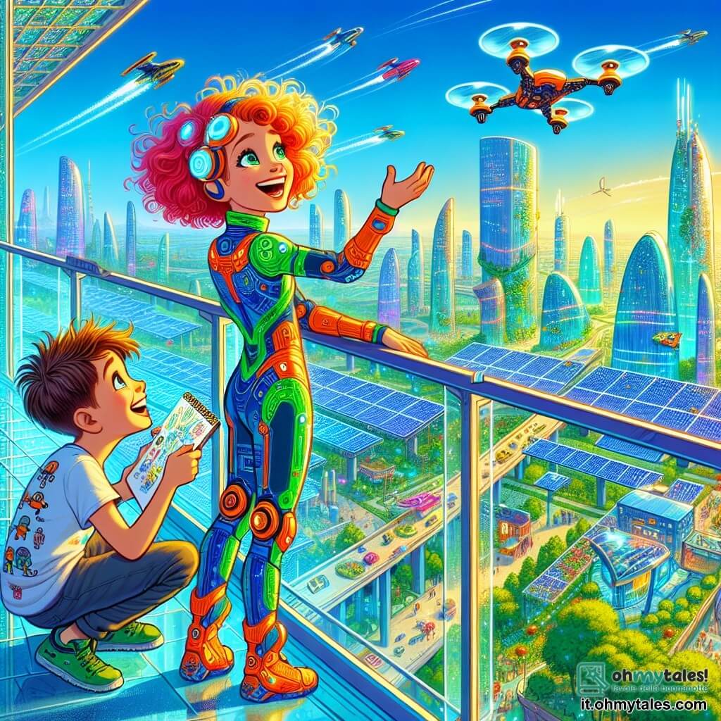 Una ragazza di 12 anni, Maya, con capelli ricci e lucenti, indossa una tuta futuristica dai colori vivaci e si trova su un balcone in vetro trasparente, con gli occhi scintillanti di eccitazione e un ampio sorriso. Osserva con meraviglia i veicoli volanti che passano nel cielo azzurro, tenendo un taccuino da disegno in una mano, pronta a schizzare le sue idee per un futuro sostenibile. Accanto a lei, il suo amico Lucas, un ragazzo di 12 anni con capelli corti e disordinati, indossa una maglietta con motivi di robot. È chinato su un piccolo drone che sta cercando di programmare, ridendo gioiosamente mentre lancia idee a Maya. Il loro balcone si affaccia su Lumina City, una città futuristica con grattacieli in vetro scintillante, circondata da giardini verticali lussureggianti e passerelle luminose. Pannelli solari si estendono come ali sopra i tetti e fiori colorati sbocciano sui balconi vicini. Maya e Lucas discutono con entusiasmo dei loro progetti per il concorso "Crea il Futuro Sostenibile", immaginando invenzioni che renderebbero la loro città ancora più verde e innovativa, mentre osservano lo spettacolo affascinante della città in movimento.